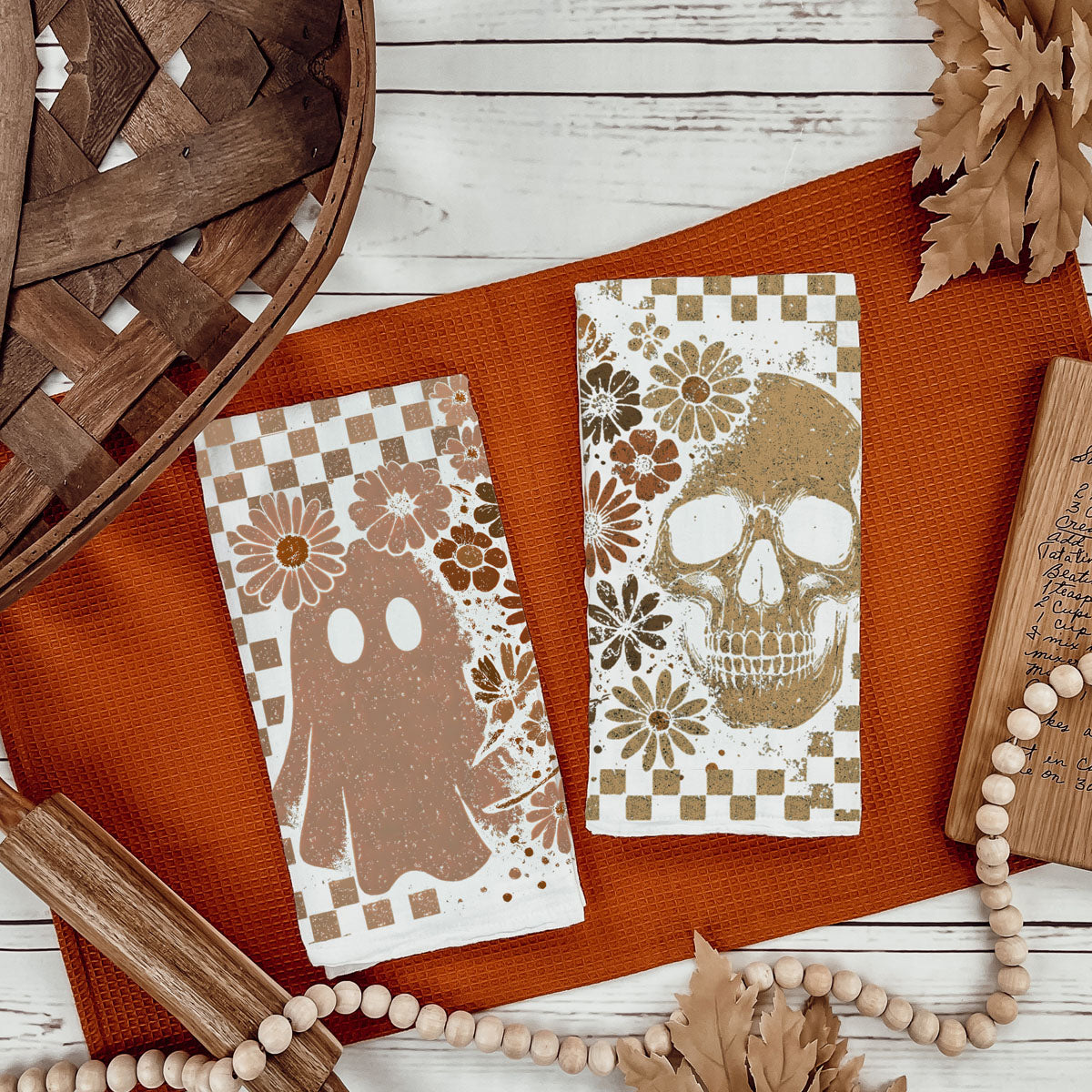 retro checkerboard skull towel for gothic fall décor
boho skull and daisy towel for october decorating
cute neutral ghost towel for subtle halloween style