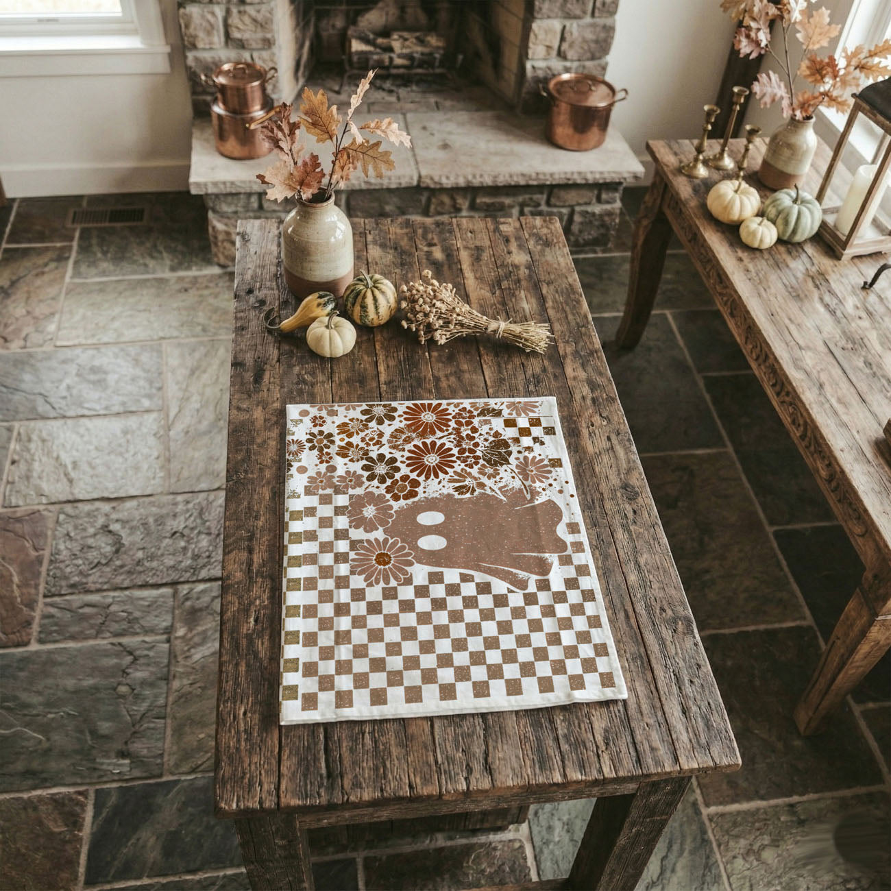 earthy checkered skull towel for cozy october décor
vintage skull and flower print towel for gothic kitchen
retro ghost cotton towel for spooky season coffee bar