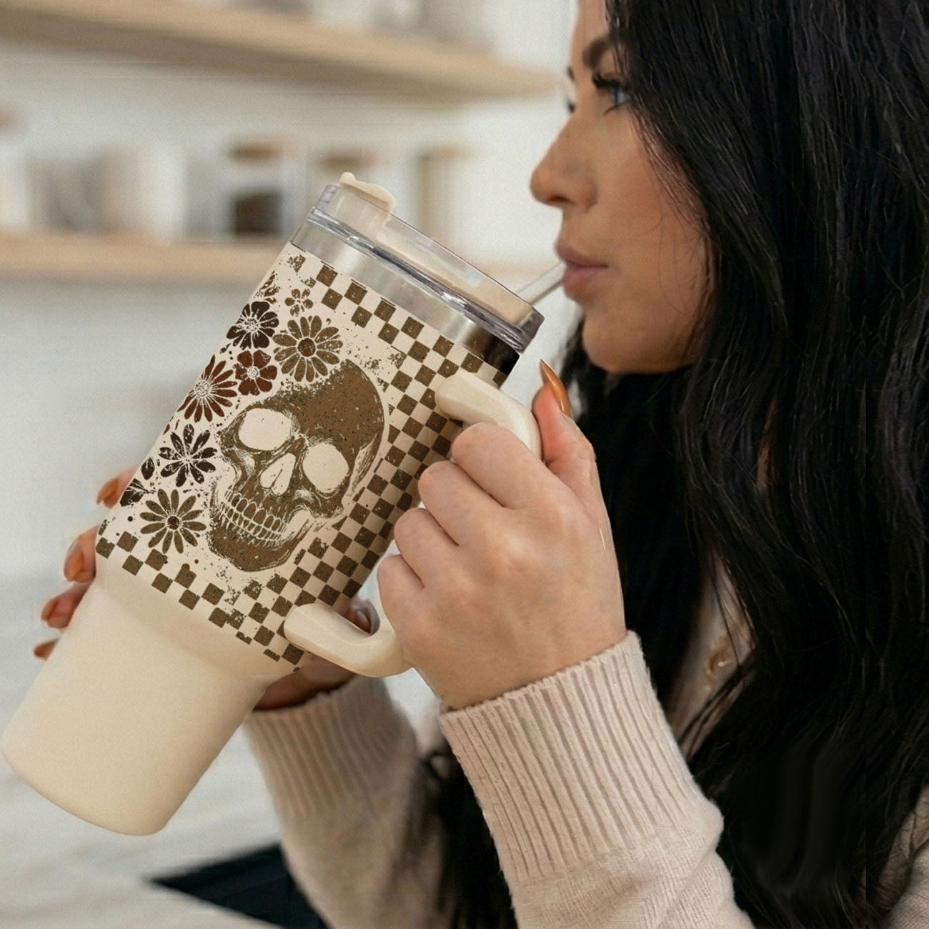 Retro fall checkered 40oz tumbler with ghost design
Spooky floral 40oz tumbler with skull and checker pattern
Vintage autumn tumbler with ghost and floral graphic
Brown checkered 40oz tumbler with fall ghost print
Halloween-inspired 40oz tumbler with skull and florals