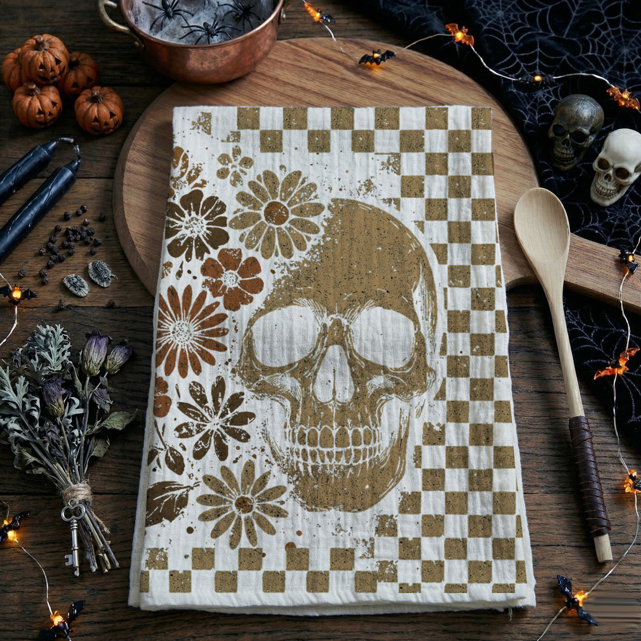 ghost and skull checkered towel for eclectic fall styling
vintage skull graphic towel for rock and roll halloween décor
neutral skull dish towel for spooky gift basket fillers