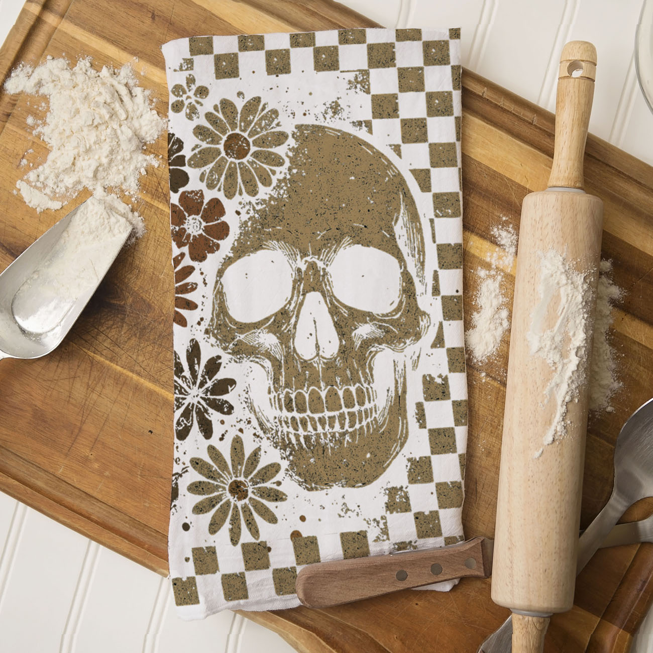 boho chic halloween towel skull and ghost duo
retro skull kitchen linen for october baking scene
neutral halloween textile with checkered skull and daisies