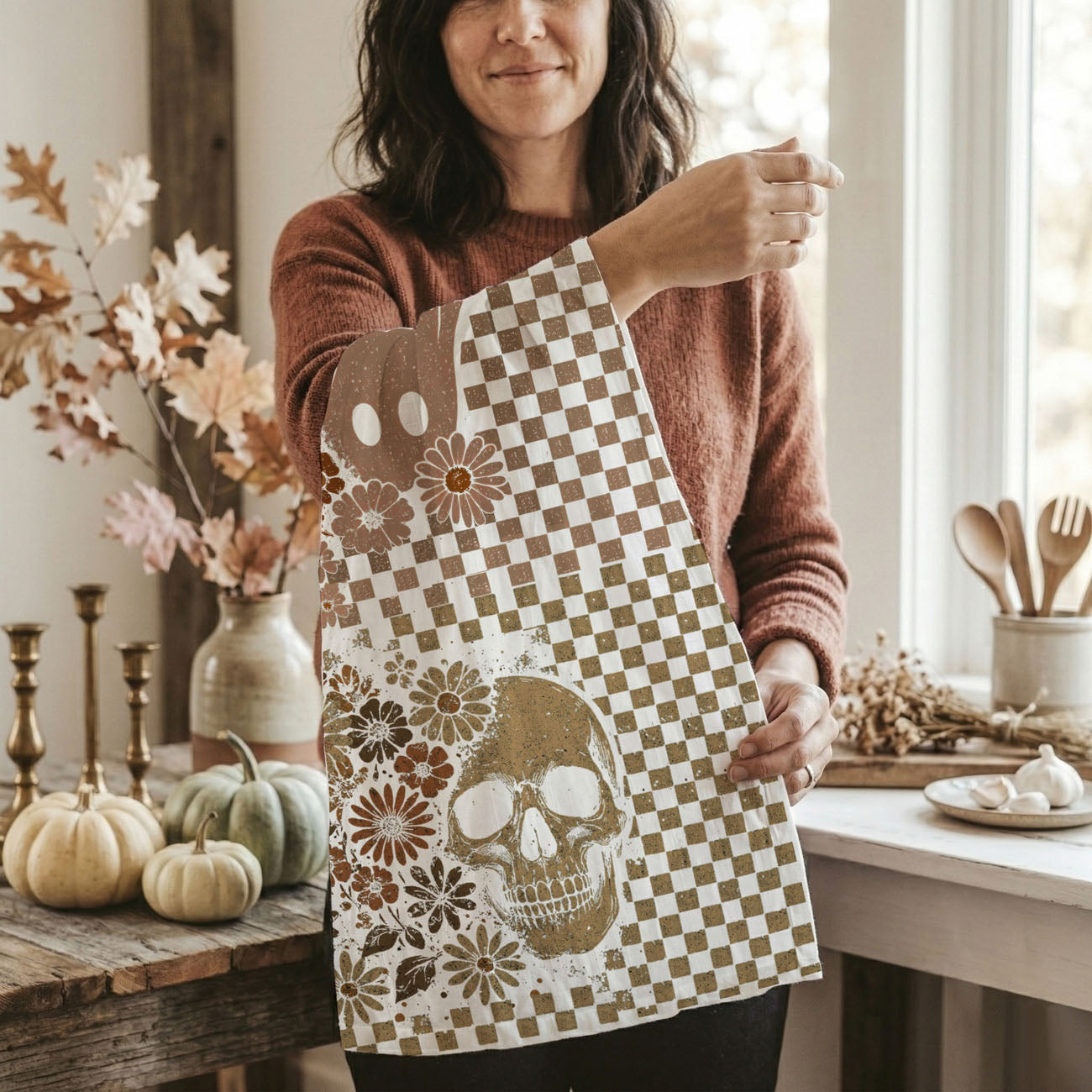 boho checkered skull towel for fall home décor
minimalist halloween ghost towel in tan and brown
spooky neutral fall dish towel with retro checks