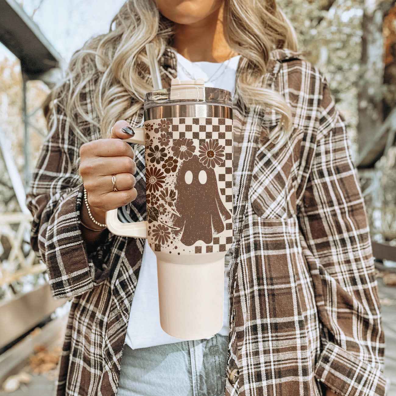 Retro spooky tumbler with checkered pattern and flowers
40oz fall tumbler with ghost, skull, and floral design
Neutral autumn tumbler with vintage checkered wrap
Cute spooky 40oz insulated tumbler for fall
Retro Halloween tumbler with ghost and skull artwork
Giftable Halloween tumbler with skull and ghost design
Seasonal giftable cup for spooky season lovers
Retro Halloween drinkware for fall launch