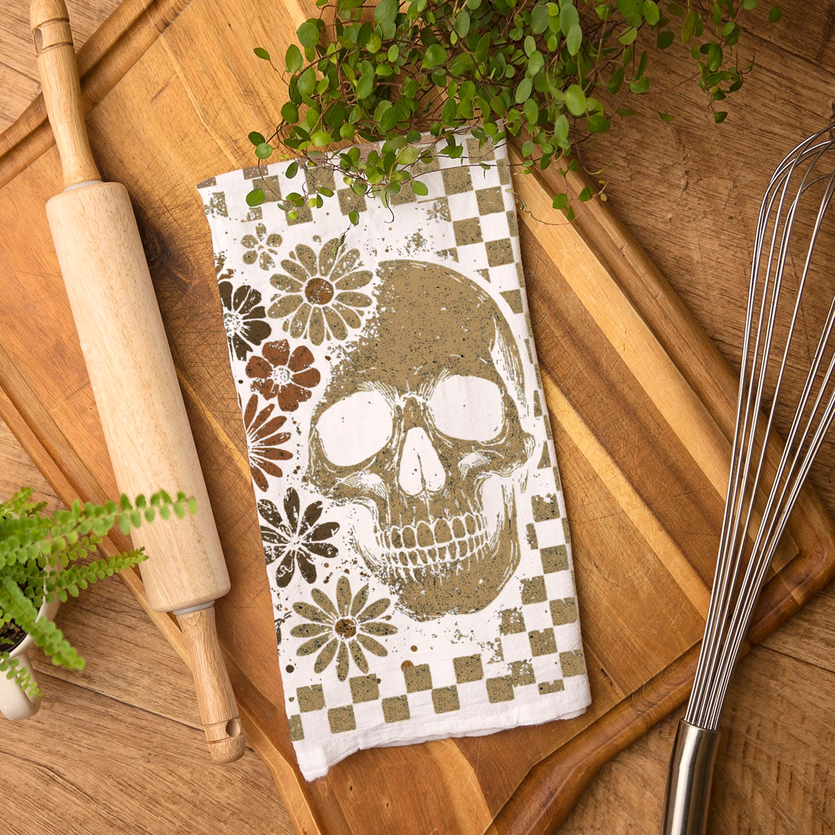checkered skull and ghost towel for bar cart halloween styling
neutral spooky kitchen towel for subtle halloween decorations
vintage inspired skull and ghost cotton towel for fall gifting