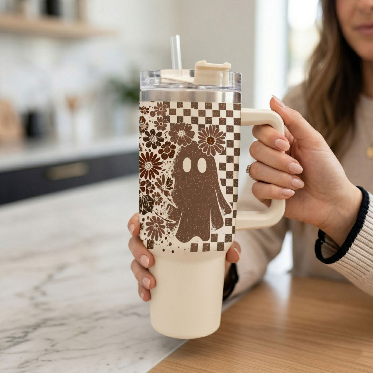 ghost tumbler for iced coffee lovers
trendy spooky tumbler for women
retro checkered floral cup
cute halloween tumbler for moms
neutral ghost aesthetic coffee tumbler
spooky season hydration tumbler
retro haunted house tumbler
cute gothic fall tumbler
Seasonal Halloween cup for online boutiques
Halloween retail display tumbler with retro ghost skull design
Spooky season shelf display cup with skull and ghost pattern