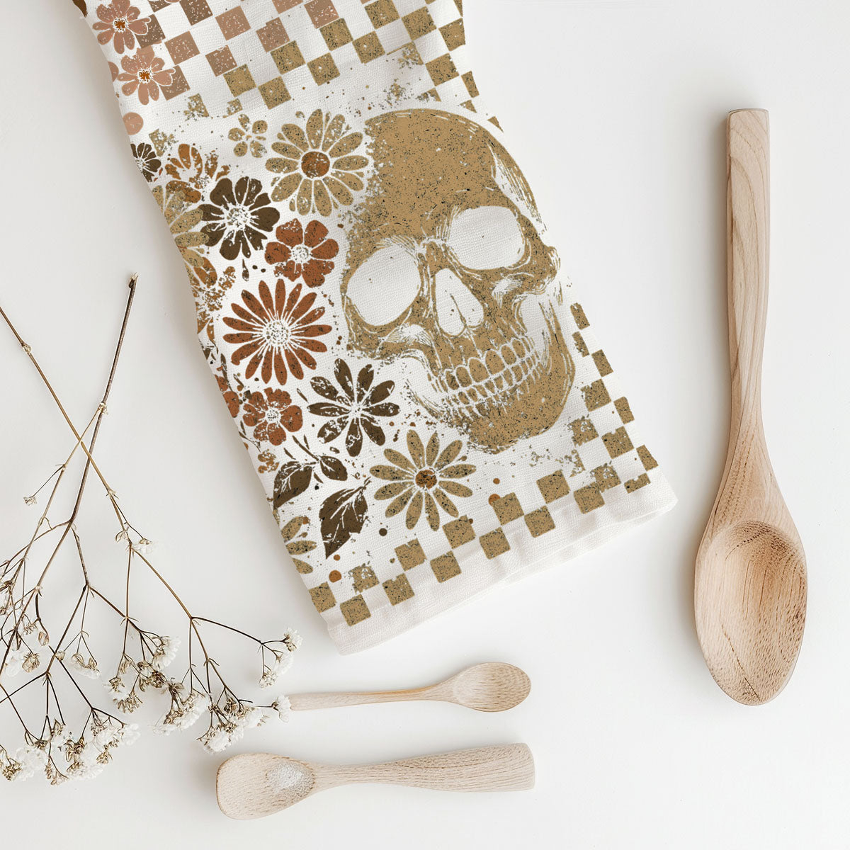 boho halloween skull towel on cutting board with herbs
70s inspired checkered halloween towel with floral skull
cute ghost and skull dish towel for autumn decorating