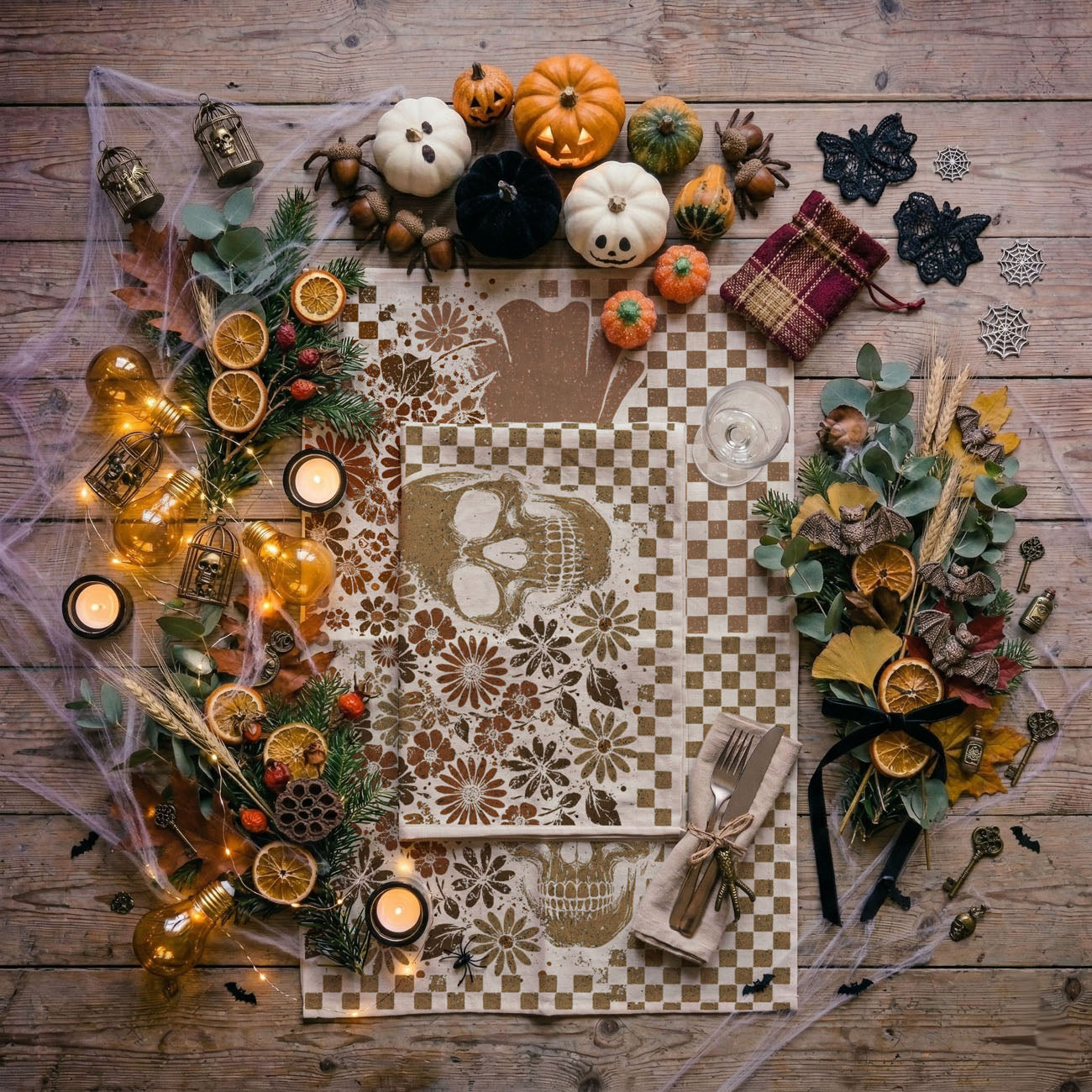 tan and white checkered halloween towel with floral accents
retro boho ghost towel perfect for fall coffee bar
skull and ghost flour sack towel for october kitchen styling