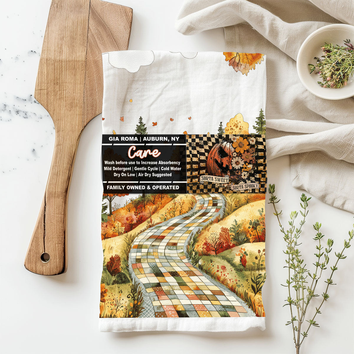 patchwork road fall kitchen towel with autumn trees
winding quilt path dish towel for cozy fall décor
autumn landscape flour sack towel with colorful trees
fall road tea towel with patchwork fields and foliage