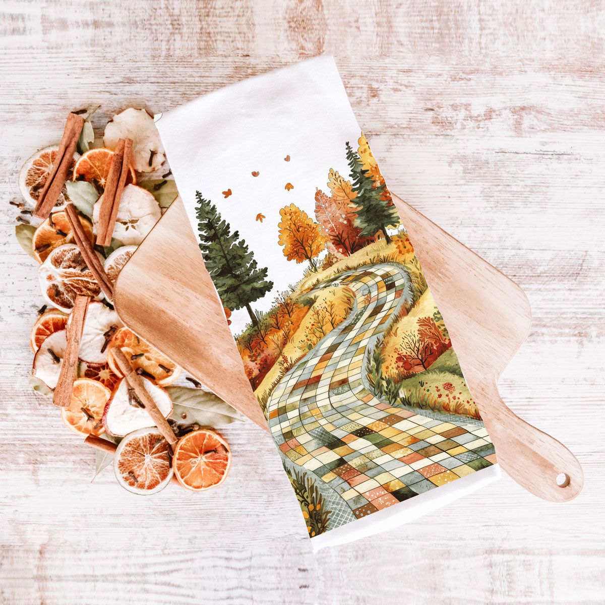 fall path kitchen towel perfect for guest bathroom décor
autumn fields and trees towel for farmhouse tiered tray
patchwork stone road towel for fall bread basket liner
fall foliage kitchen towel for october and november décor
