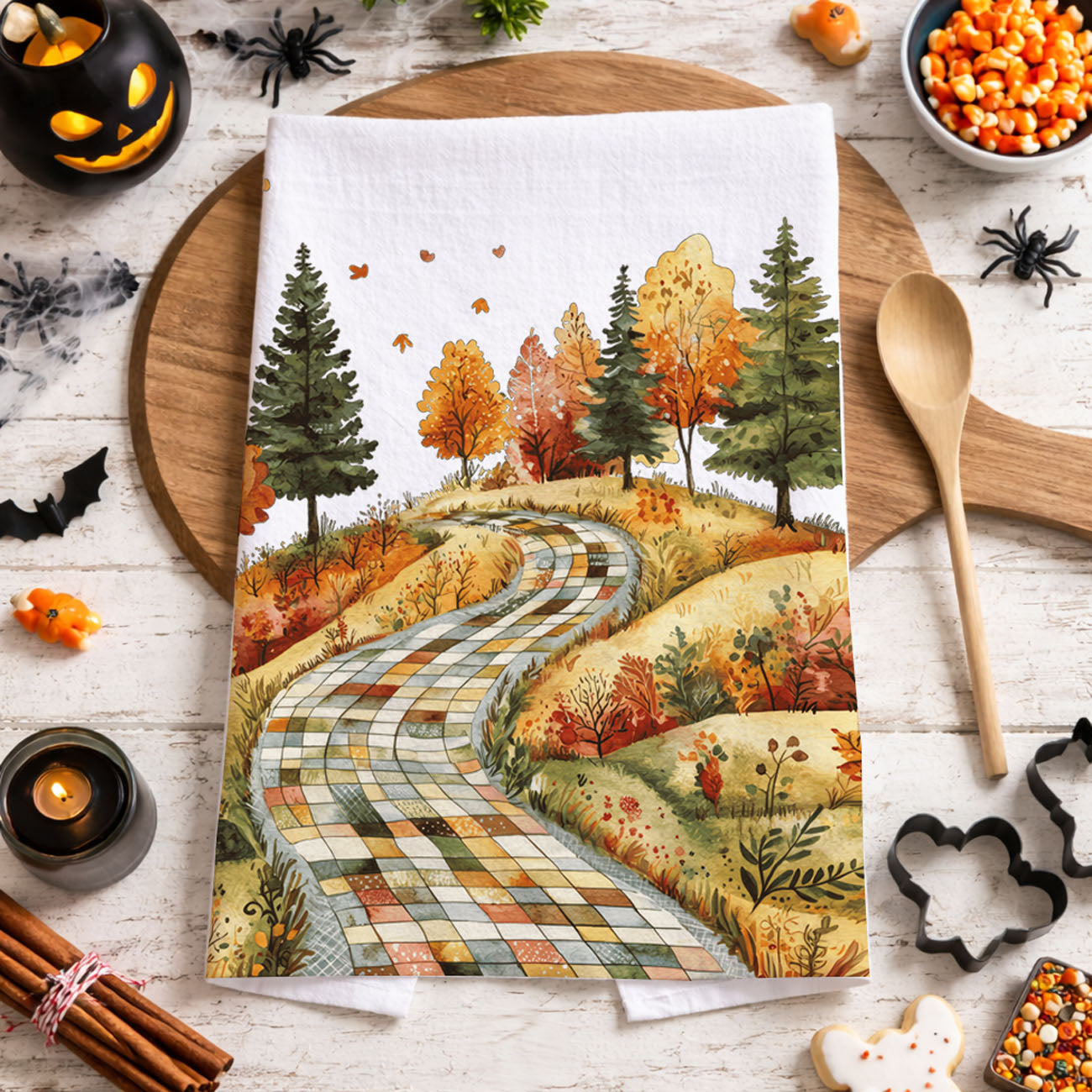 harvest season kitchen towel with patchwork hill and trees
fall farmhouse towel with scenic road and golden leaves
woodland autumn path tea towel for rustic cabin kitchen
fall baking towel with quilt pattern path and trees