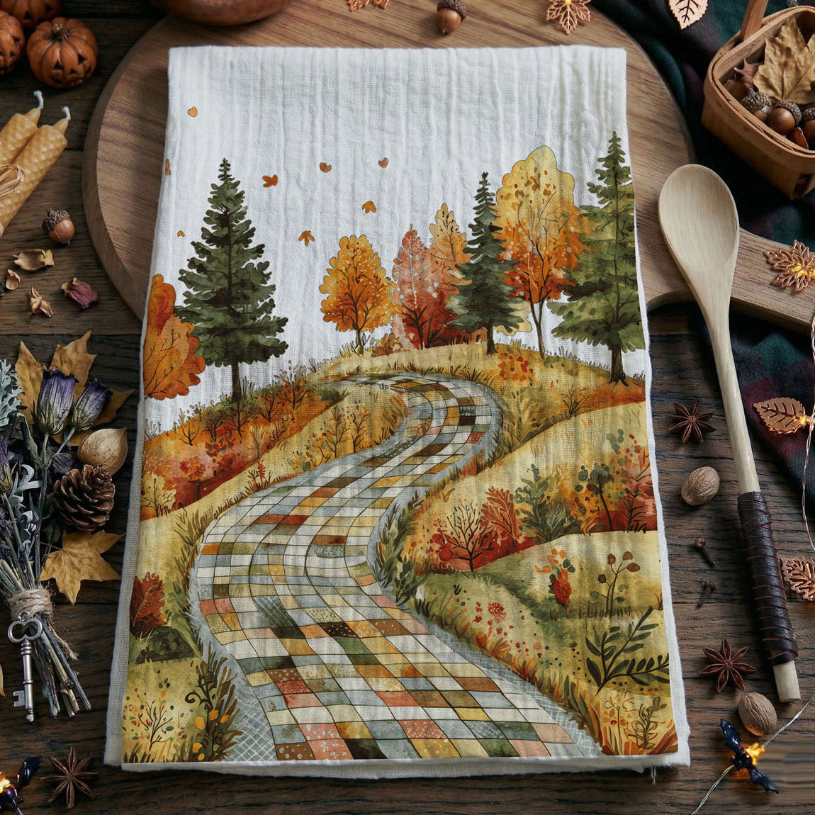 harvest landscape cotton towel for fall home décor
fall and thanksgiving kitchen towel with winding quilt road
autumn patchwork road dish towel for farmhouse kitchen
fall scenic road tea towel with colorful trees and hills