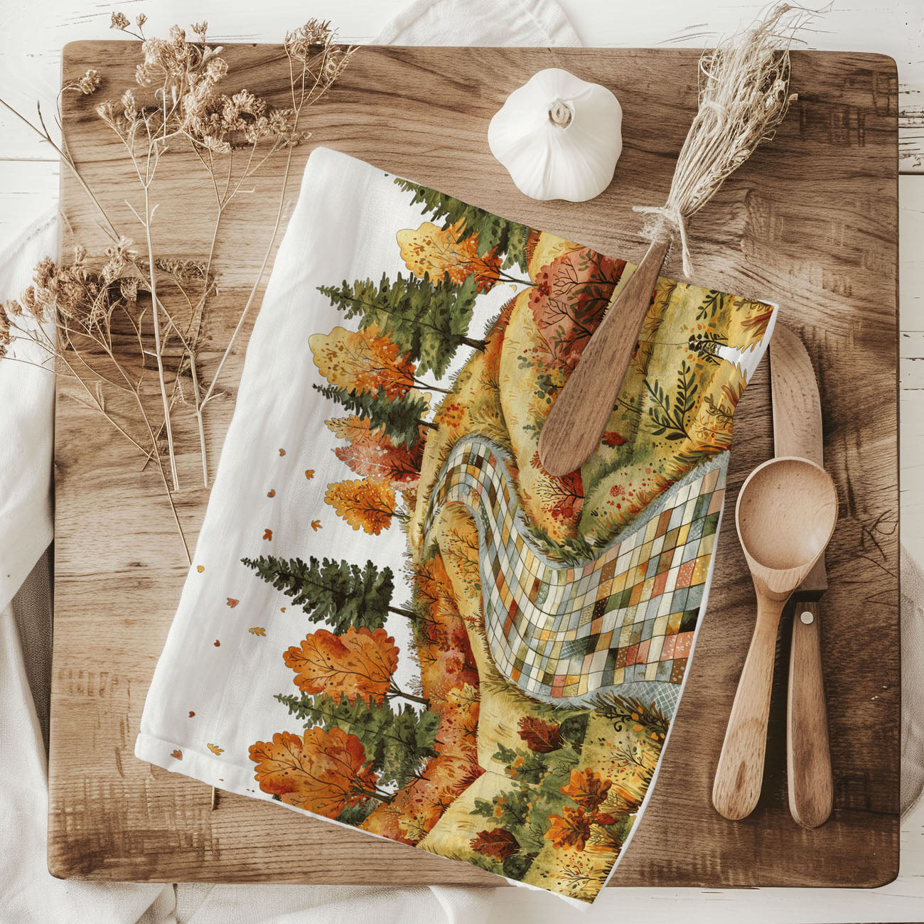 unique scenic fall towel perfect for hostess or housewarming gift
vintage country road towel for rustic dining room décor
classic autumn kitchen towel for thanksgiving decorating