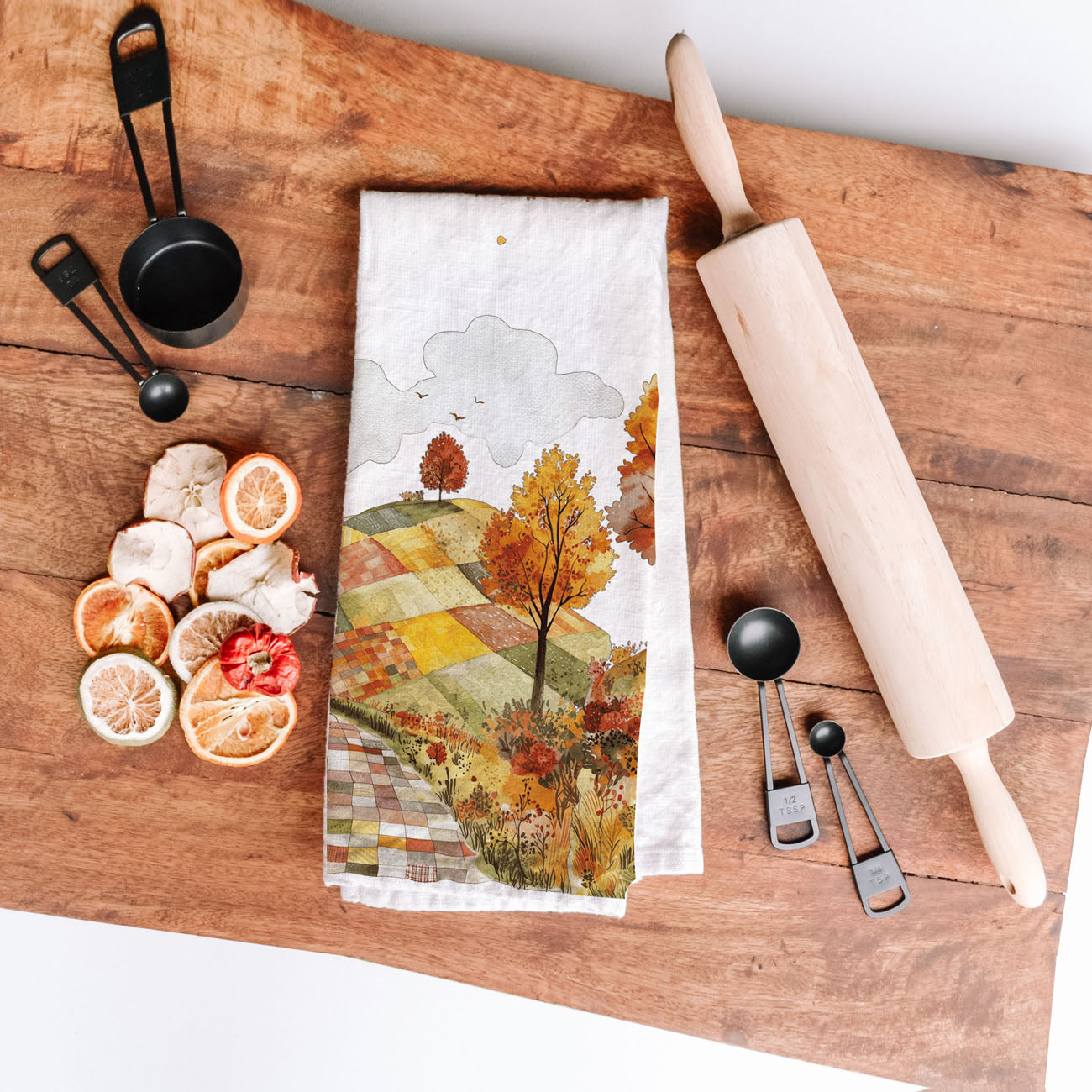 rustic farmhouse fall path towel with patchwork fields
unique fall kitchen decoration with scenic autumn road
vintage inspired autumn trees towel for cozy home décor