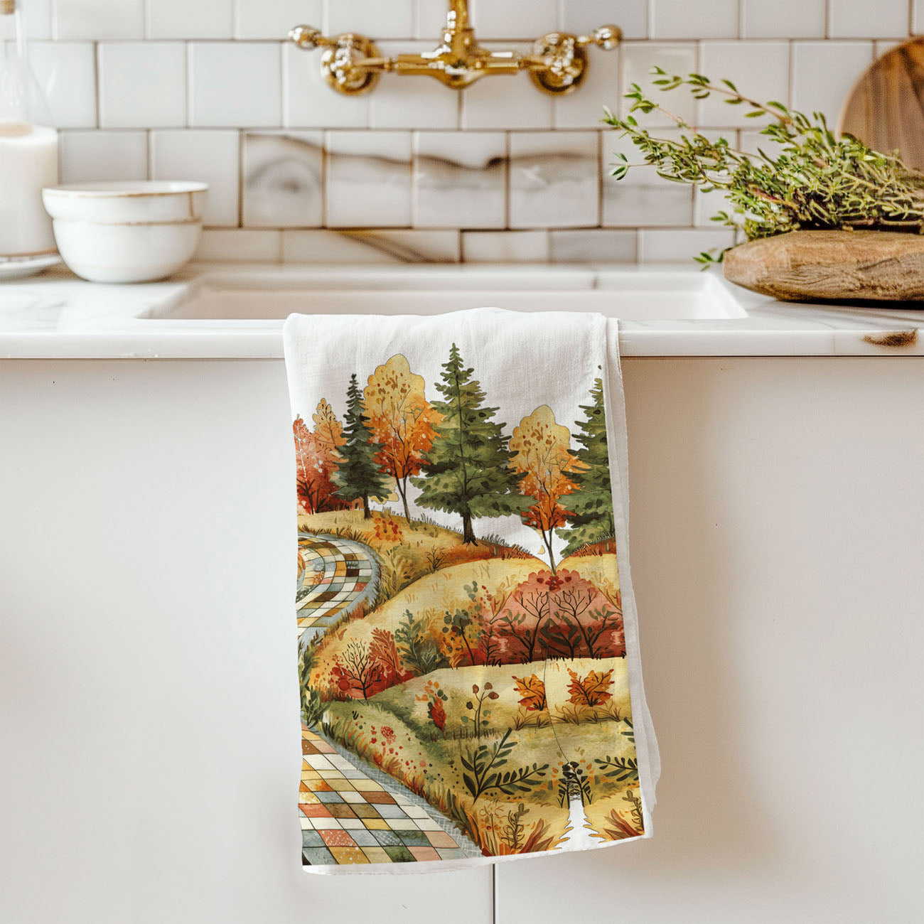 classic harvest landscape flour sack towel for country kitchen
farmhouse style fall dish towel with quilted hillside
unique autumn home décor towel with painted country lane