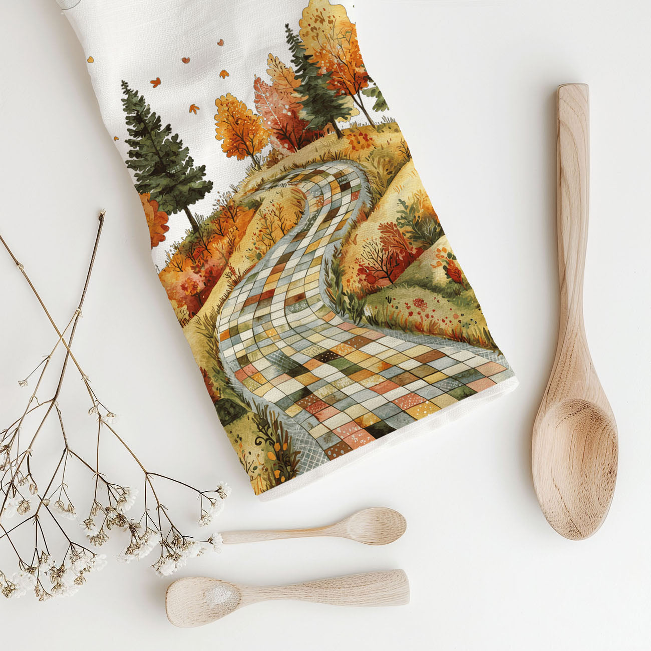 cozy farmhouse fall kitchen towel with winding path design
autumn trees and checkered road dish towel on cutting board
storybook fall road cotton towel for thanksgiving kitchen
rustic fall landscape towel for farmhouse autumn décor