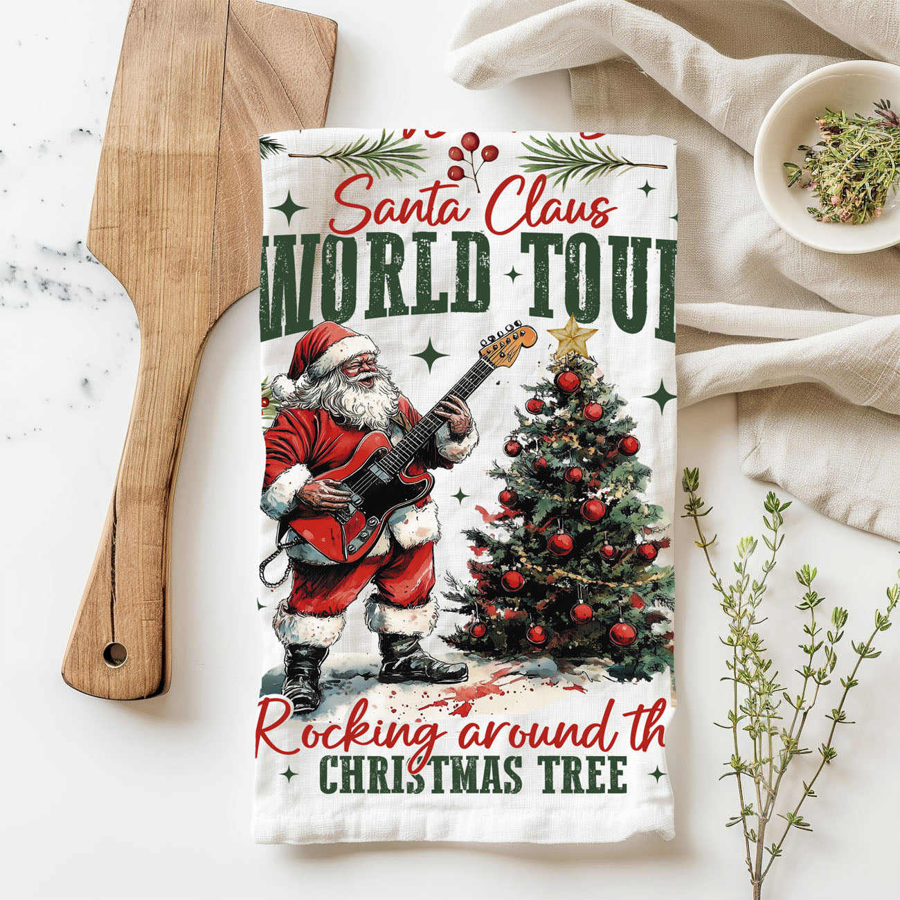 stylish holiday kitchen towel music theme
contemporary Santa Christmas dish towel
bold Santa Claus Christmas kitchen linen
modern festive kitchen towel Santa design
cool Christmas Santa artwork towel