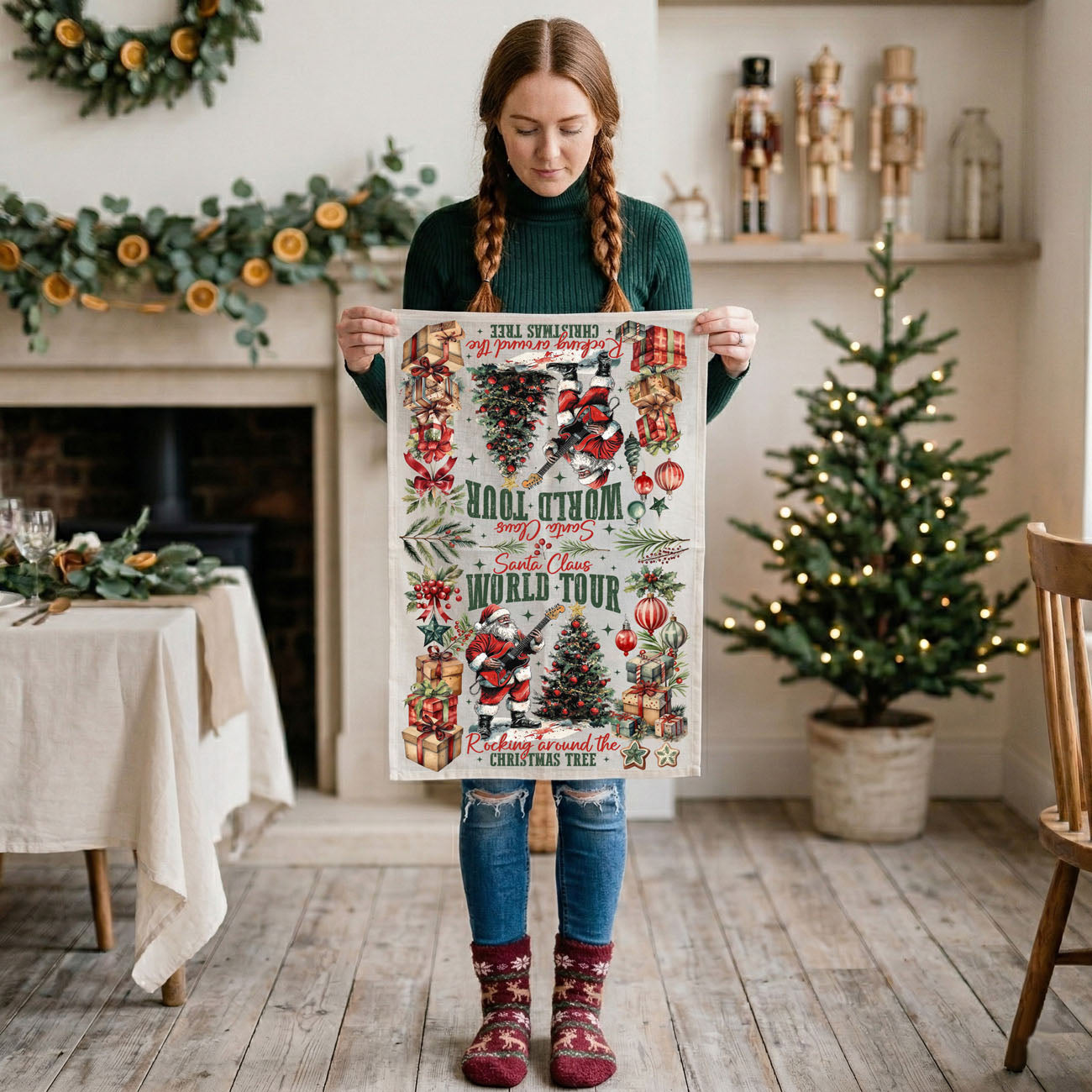 Santa performing Christmas kitchen decor towel
vintage rock Santa Christmas dish towel
festive musician Santa holiday towel
Christmas guitar theme kitchen linen
Santa Claus performance art kitchen towel
holiday decorating kitchen towel Santa
Christmas season home styling towel