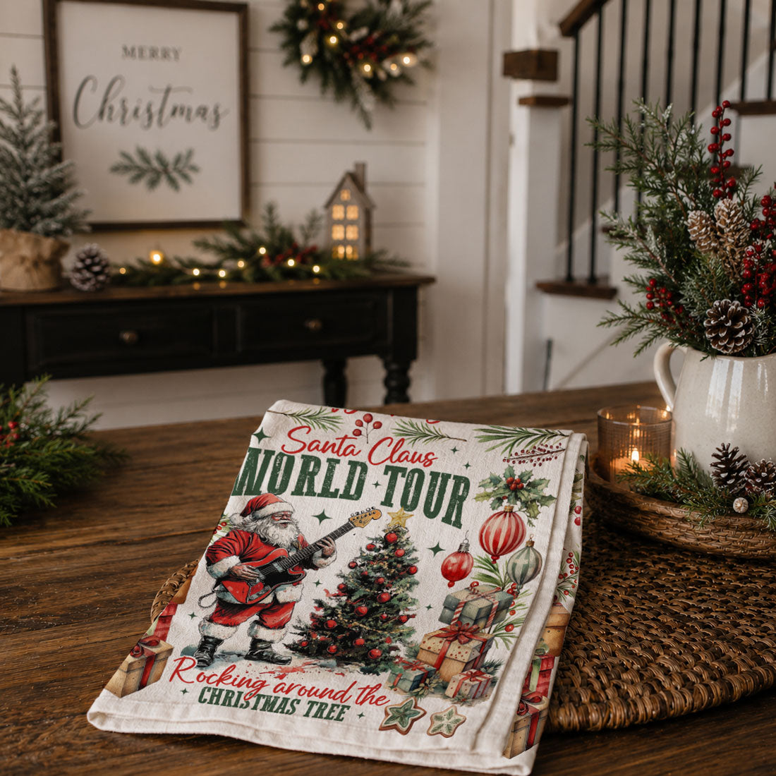 funny rockstar Santa Christmas kitchen towel
humorous Santa Claus music dish towel
funny Christmas towel Santa playing guitar
quirky holiday kitchen towel music Santa
sarcastic Christmas Santa dish towel
holiday celebration kitchen towel Santa design
Christmas Eve hosting kitchen decor towel