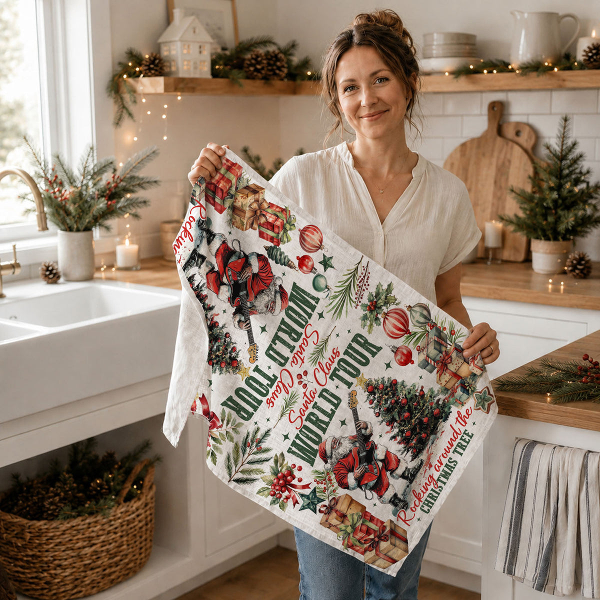 unique Christmas gift music themed kitchen towel
gift for rock lover Christmas decor towel
holiday hostess gift funny Santa towel
Christmas gift idea for band lovers towel
stocking stuffer music lover Christmas towel
Santa Christmas towel displayed on kitchen counter
festive dish towel with wooden utensils styling
Christmas towel styled in neutral farmhouse kitchen