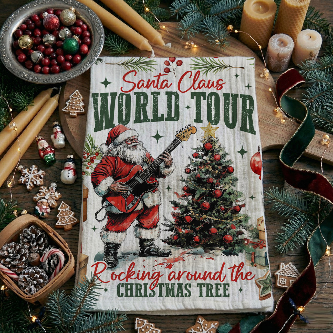 Christmas gift for music lover kitchen towel
funny Christmas gift for guitarist Santa towel
holiday gift for rock music fan kitchen decor
Christmas kitchen towel gift for musician
Santa guitar towel gift idea Christmas
Christmas kitchen towel styled rustic wooden board Santa
festive Santa towel with farmhouse kitchen props
holiday kitchen towel styled cozy home decor