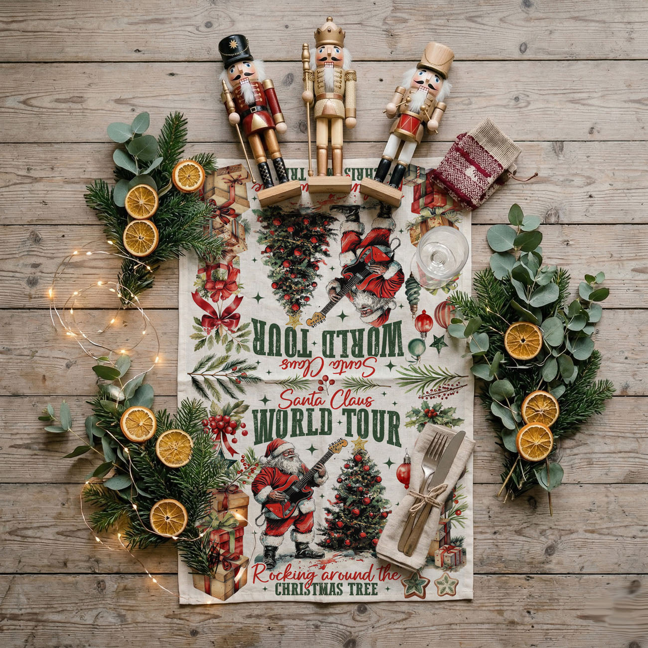 Christmas towel flat lay wood board Santa guitar
holiday dish towel styled with kitchen utensils festive
Santa music towel rustic kitchen decor styling
Christmas kitchen towel with wooden spoons Santa design
festive Santa towel farmhouse kitchen setup
stylized Santa musician holiday towel
illustrated Christmas Santa music decor towel