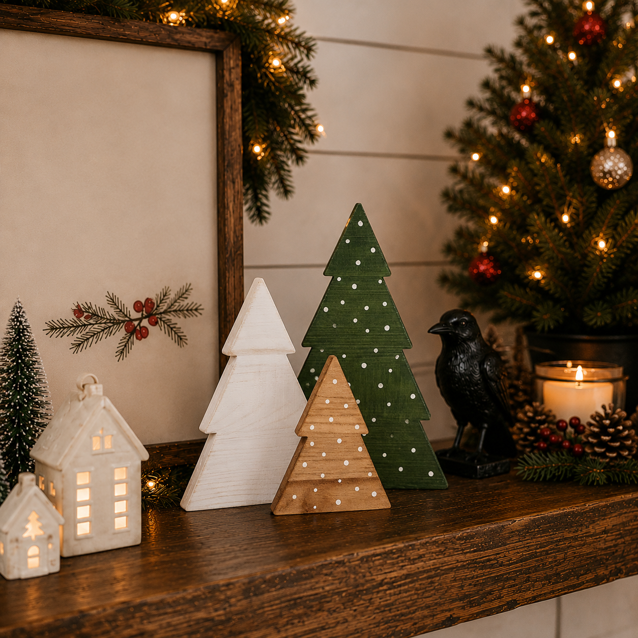 Neutral Christmas décor with white and natural wood trees
Traditional Christmas décor featuring a green wooden tree
Cozy cottage Christmas décor with wooden tree figurines
Scandinavian Christmas decorations made from natural wood
Rustic woodland Christmas décor for a mantel or console table
Modern farmhouse Christmas tree decorations
Wooden Christmas trees for holiday shelf styling
Festive tabletop trees for Christmas home decorating
Boxwood Christmas decorations for an entryway table