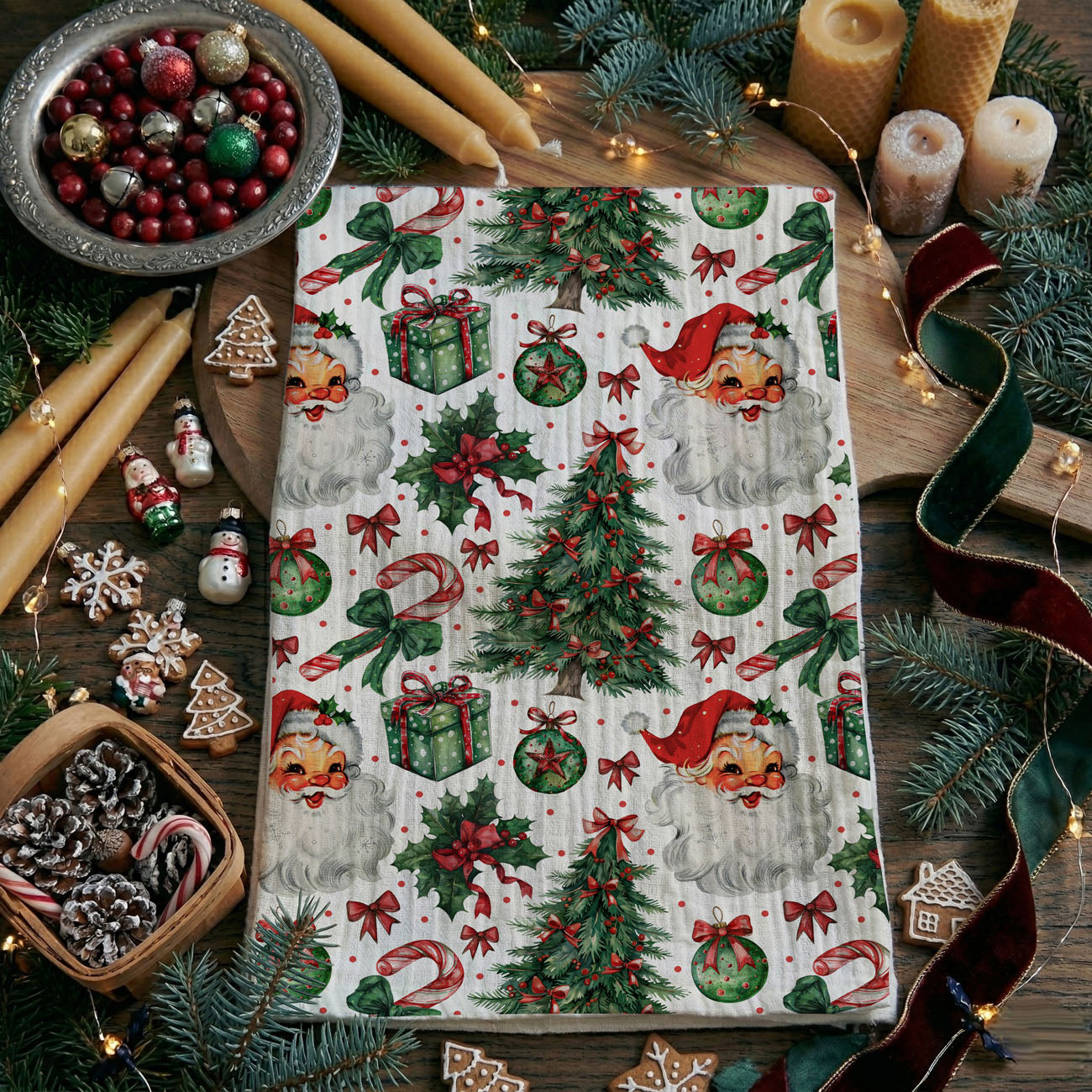 christmas kitchen towel with santa tree bows and gifts
holiday dish towel santa christmas tree pattern decor
festive christmas towel santa ornaments presents design
christmas kitchen towel red green holiday pattern decor
holiday towel with santa faces and christmas trees