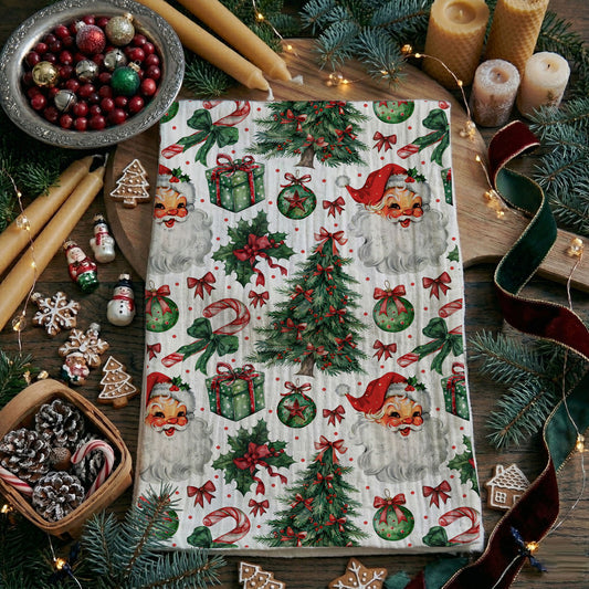 christmas kitchen towel with santa tree bows and gifts
holiday dish towel santa christmas tree pattern decor
festive christmas towel santa ornaments presents design
christmas kitchen towel red green holiday pattern decor
holiday towel with santa faces and christmas trees
