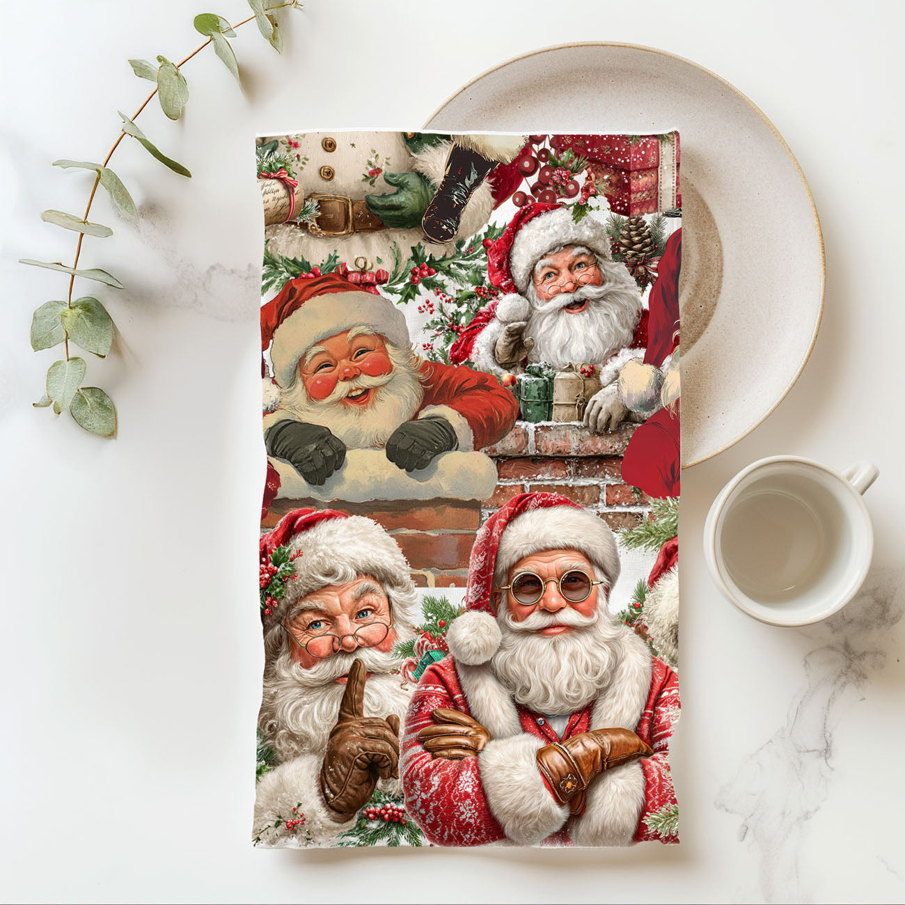 expressive Santa Claus kitchen towel holiday design
playful Santa characters Christmas dish towel
animated Santa faces festive kitchen towel
lively Santa Claus artwork kitchen linen
character style Santa holiday tea towel