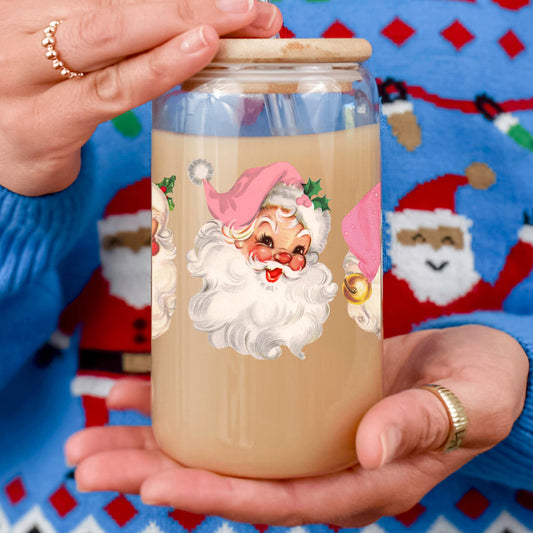 2 vintage Santa faces glass cup for Christmas
pink hat Santa holiday coffee tumbler
Christmas kitchen drinkware with vintage Santa faces
Vintage Santa Face with Pink Hat Christmas Glass CUps and tumblers.