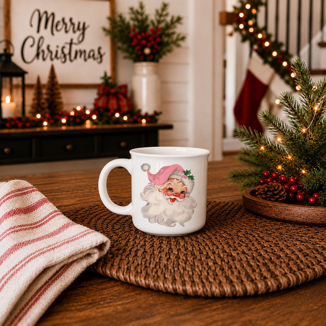 Holiday coffee mug with vintage Santa face
Vintage Santa mug with pink Christmas hat
Christmas mug with sweet Santa face
Cute holiday mug with retro pink Santa
Pink Santa ceramic coffee mug
Vintage Santa cup for Christmas season
Retro Santa mug for cozy holiday drinks
Christmas mug with cheerful Santa face
Pink Christmas mug with Santa artwork
Holiday mug with Santa face illustration