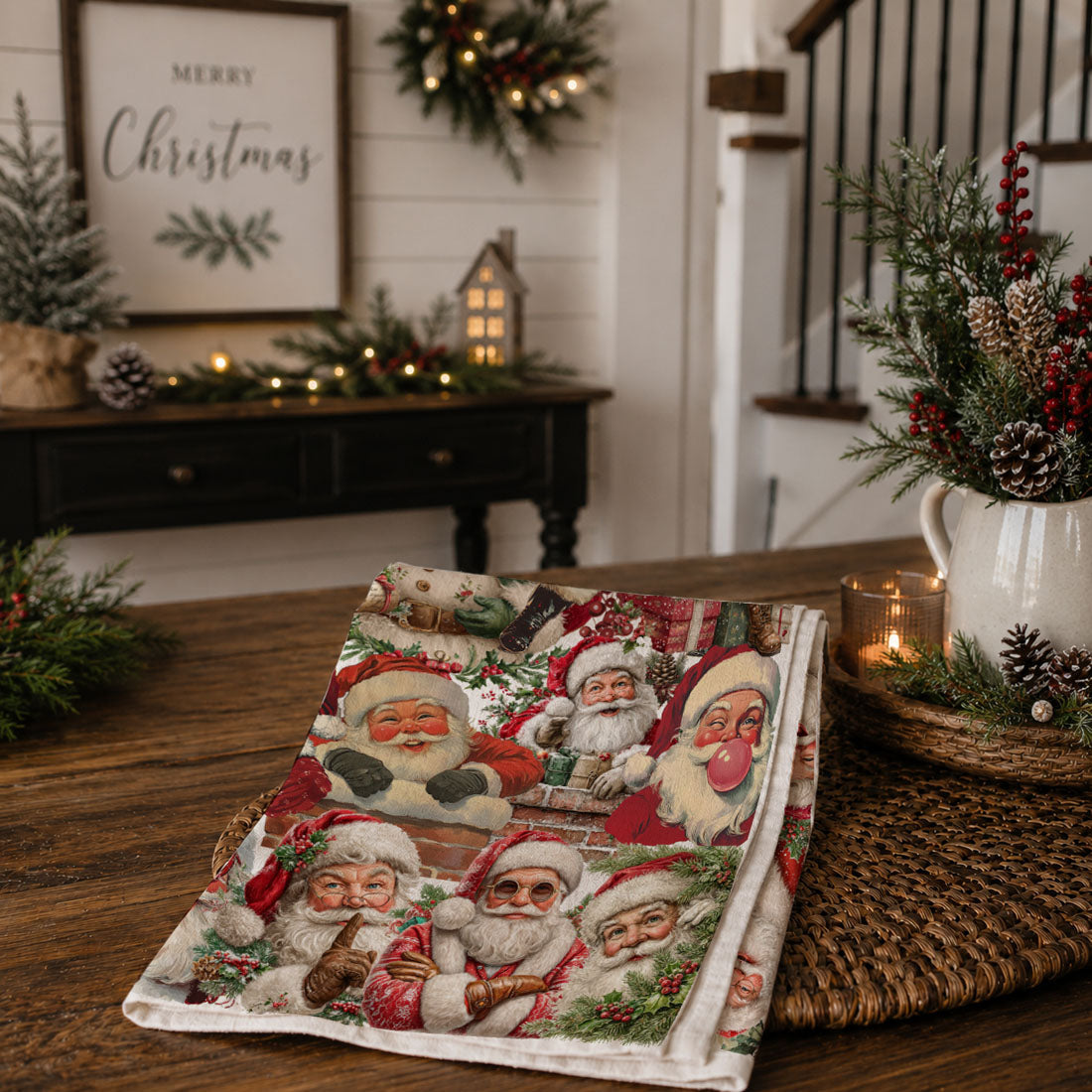 hand illustrated Santa Christmas kitchen towel
painterly Santa Claus holiday dish towel
vintage inspired Santa artwork kitchen towel
modern Santa illustration Christmas towel
detailed holiday Santa art dish towel
expressive Santa Claus kitchen towel holiday design
playful Santa characters Christmas dish towel
animated Santa faces festive kitchen towel
lively Santa Claus artwork kitchen linen
character style Santa holiday tea towel