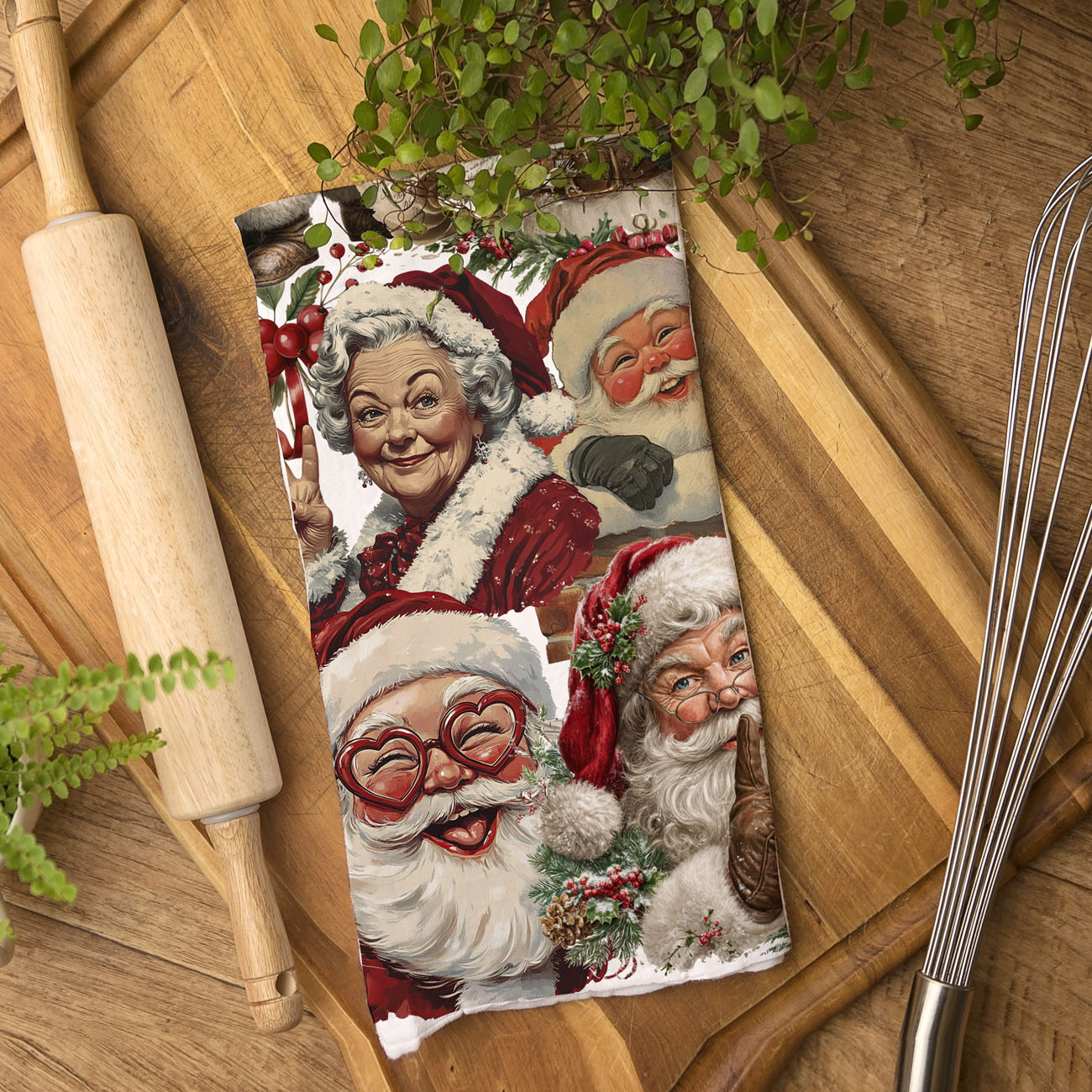 hand illustrated Santa Christmas kitchen towel
painterly Santa Claus holiday dish towel
vintage inspired Santa artwork kitchen towel
modern Santa illustration Christmas towel
detailed holiday Santa art dish towel