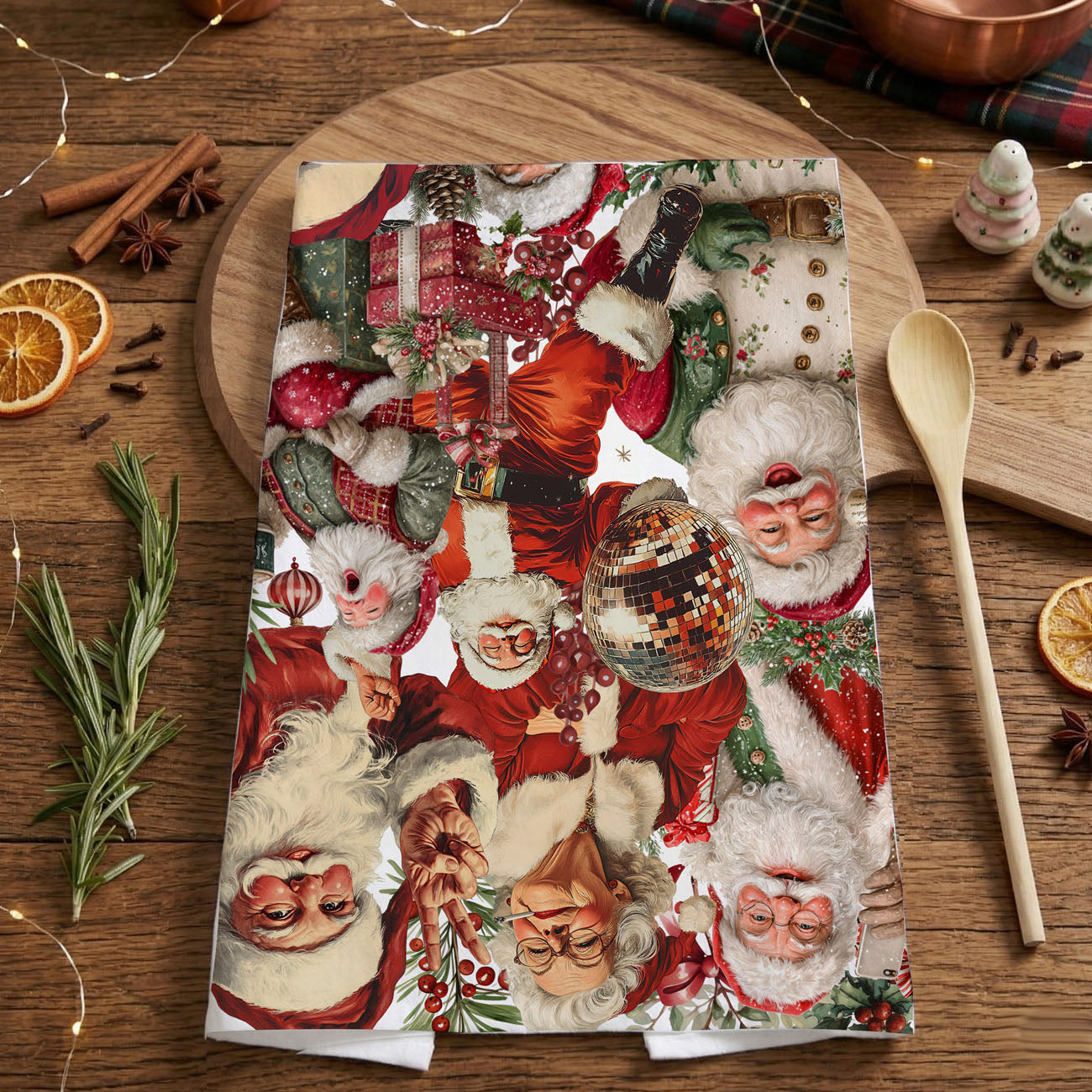 festive illustration kitchen towel Santa design
artistic Christmas Santa kitchen linen
holiday artwork towel Santa theme
graphic Santa Christmas kitchen decor towel
illustrated Santa collage dish towel