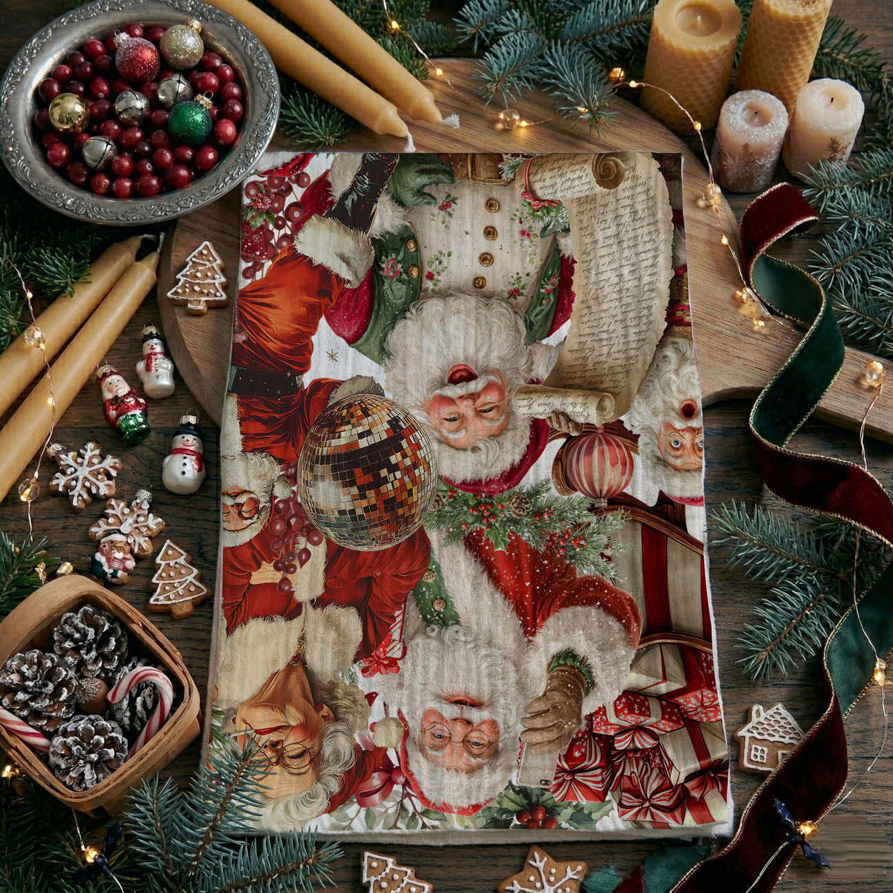 holiday kitchen towel Santa and Mrs Claus
Christmas kitchen decor towel Santa theme
cute Santa Christmas dish towel
holiday tea towel Santa character design
Christmas towel with Santa artwork