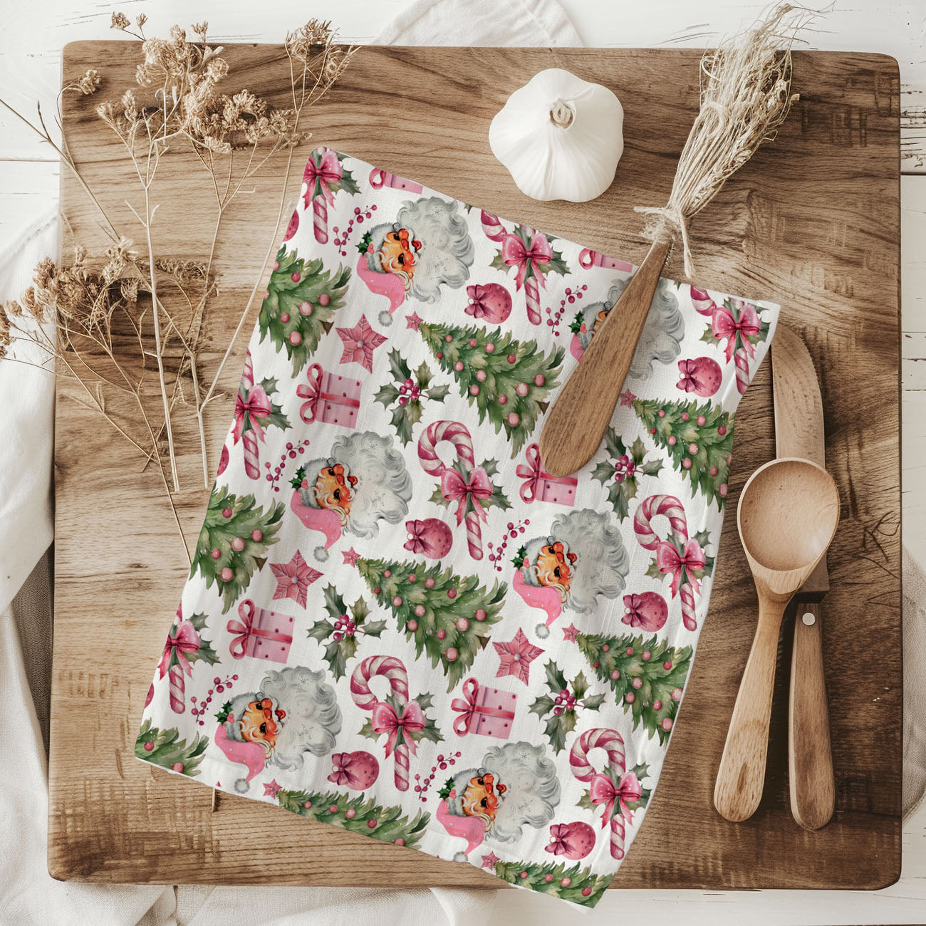 festive pink holiday kitchen towel for baking and decorating
girly christmas decor towel vintage santa aesthetic
unique pink santa christmas towel for kitchen styling
nostalgic pink christmas kitchen towel with santa face pattern