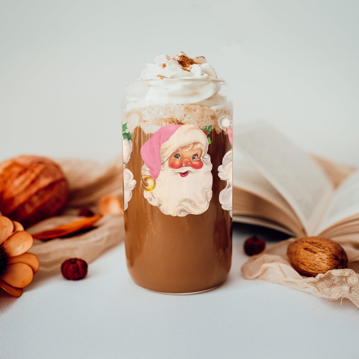 Retro Santa Christmas tumbler - festive pink hat Santa design glass
Holiday drinkware gift - vintage Santa glass tumbler with bamboo lid