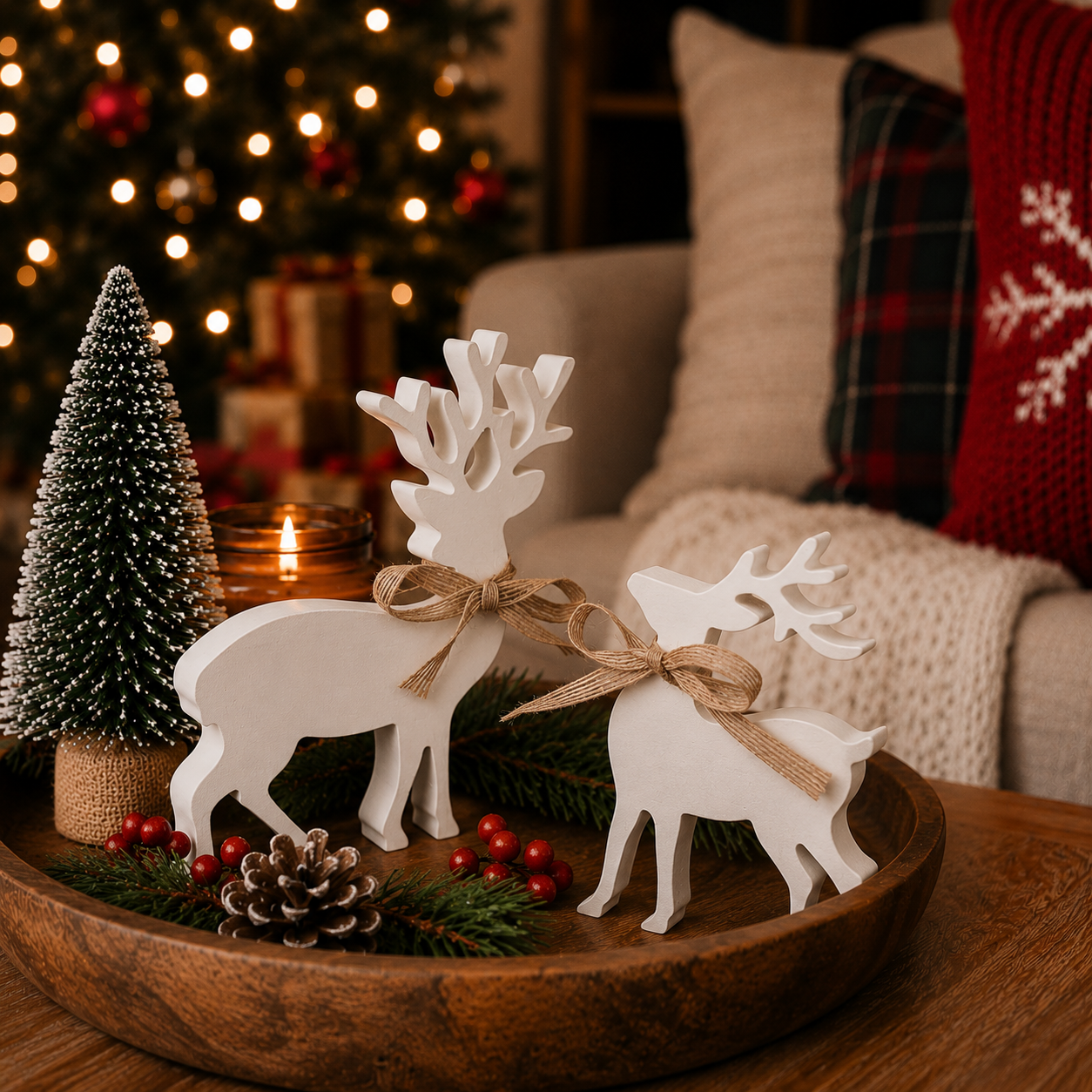 White wooden reindeer displayed in a cozy Christmas living room
Farmhouse Christmas décor featuring white reindeer figurines
White Christmas reindeer styled with greenery and warm lights
Wooden reindeer decorations in a festive holiday home
Rustic Christmas tabletop décor with two white deer
White reindeer figurines beside Christmas greenery and berries
Neutral Christmas décor with white wooden reindeer
Holiday mantel display with decorative white reindeer