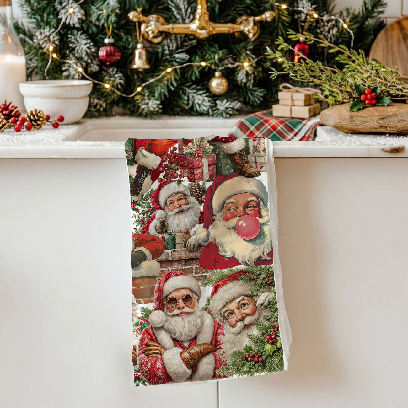 Christmas towel flat lay wooden kitchen board Santa
holiday dish towel styled with wooden utensils
festive kitchen towel rustic farmhouse styling
Christmas kitchen towel with spoon and cutting board
Santa towel styled holiday kitchen decor