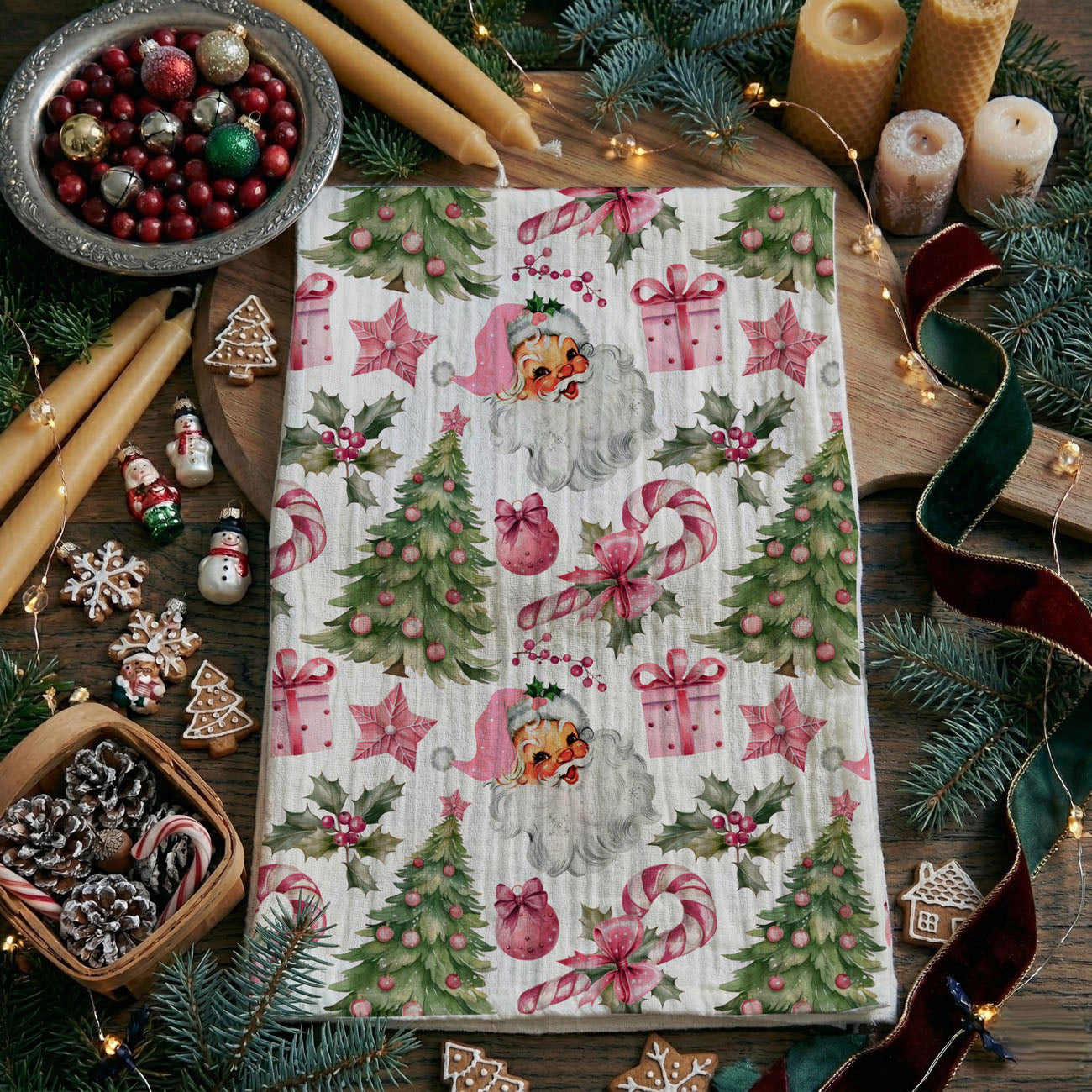 classic christmas elements kitchen towel pink theme
cute santa and christmas tree dish towel design
whimsical christmas pattern tea towel pink santa
retro holiday artwork kitchen towel santa design
flour sack cotton christmas towel pink santa print
absorbent kitchen towel holiday pink design