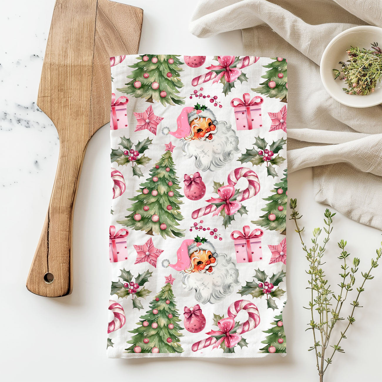 classic christmas nostalgia pink santa towel
pink christmas kitchen styling towel vintage santa decor
holiday kitchen decor pink santa face aesthetic towel
christmas kitchen accent towel pink retro santa design
cozy pink christmas kitchen decor towel santa theme