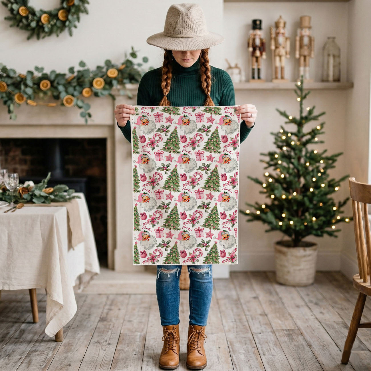 everyday use holiday kitchen towel santa design
pink vintage santa christmas kitchen towel for farmhouse decor
cute pink christmas tea towel with santa trees and candy canes
retro pink santa dish towel perfect holiday gift idea
cozy cottagecore christmas kitchen towel pink santa design