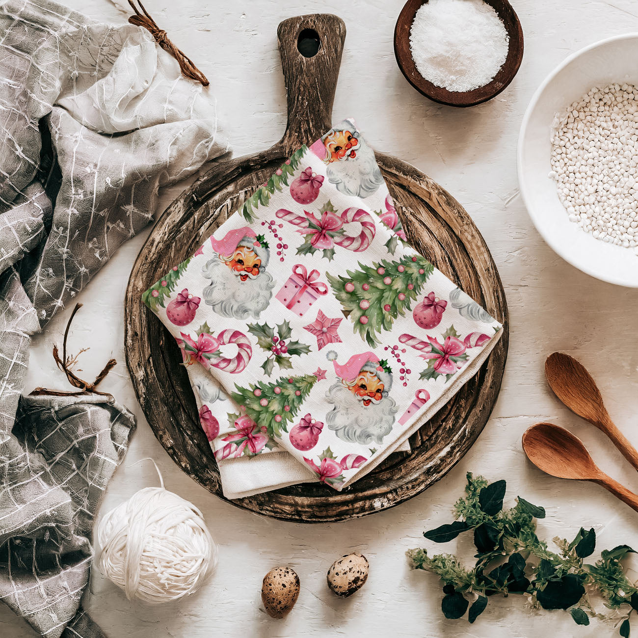 traditional meets modern christmas kitchen decor towel
heirloom style santa christmas towel pink theme
pink christmas decor for women santa towel