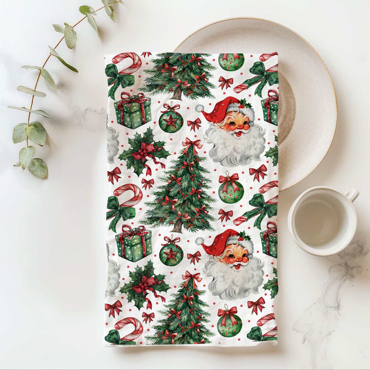christmas dish towel santa tree gift pattern decor
festive santa towel christmas kitchen decor idea
holiday kitchen towel with santa bows and ornaments
christmas towel with santa and festive holiday elements
holiday dish towel santa themed christmas decor