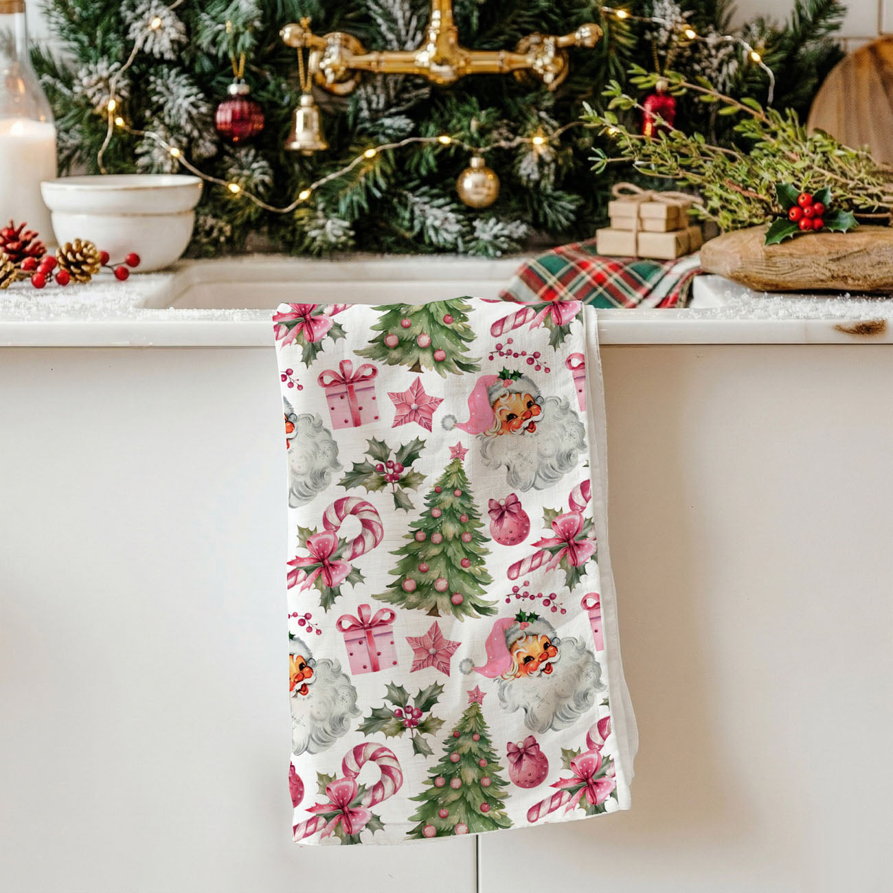 christmas santa pattern kitchen towel pink festive theme
holiday print tea towel santa claus repeating pattern
seasonal kitchen linen christmas santa and tree design
christmas themed dish towel pink and green holiday print
holiday kitchen textile santa claus and ornament design
winter christmas kitchen towel santa pattern aesthetic