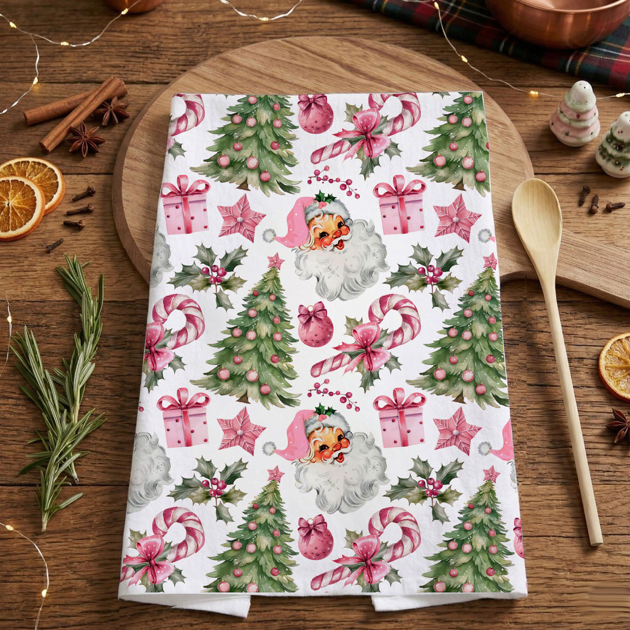 pink vintage santa kitchen towel christmas decor
retro santa face christmas tea towel pink holiday
cute pink christmas dish towel santa trees pattern
vintage santa claus kitchen towel festive design
pink holiday kitchen towel with santa and trees
christmas tea towel pink aesthetic santa print
