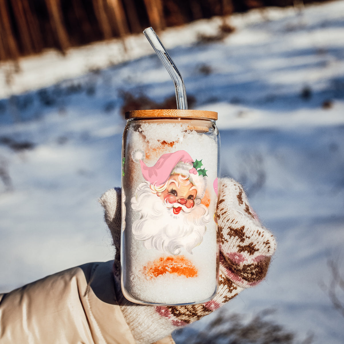 Retro Christmas glass tumbler 17oz bamboo lid - Vintage Santa pink hat holiday coffee cup glass straw - Classic drinkware
Christmas vintage glass cup 17oz glass straw - Retro Santa pink hat holiday tumbler bamboo lid - Classic festive gift