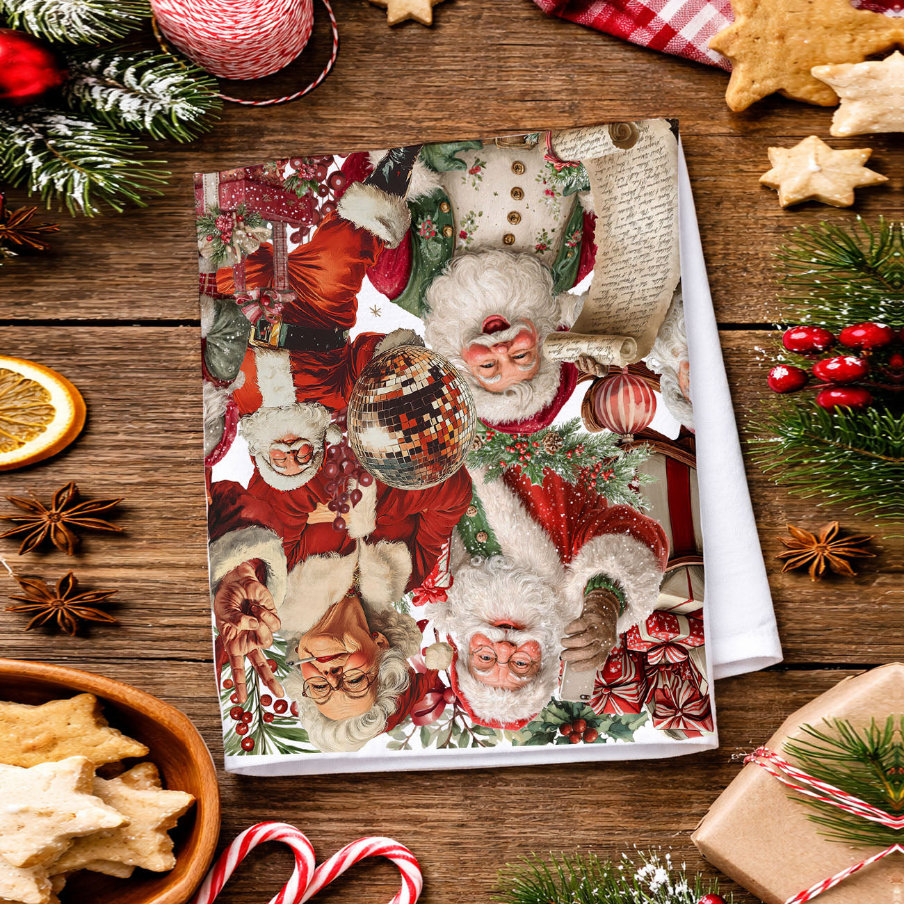 Christmas kitchen towel styled on rustic wood board Santa
festive Santa towel with farmhouse kitchen props
holiday dish towel with wooden spoons styling
Christmas kitchen towel flat lay festive decor
Santa towel displayed in cozy holiday kitchen setting