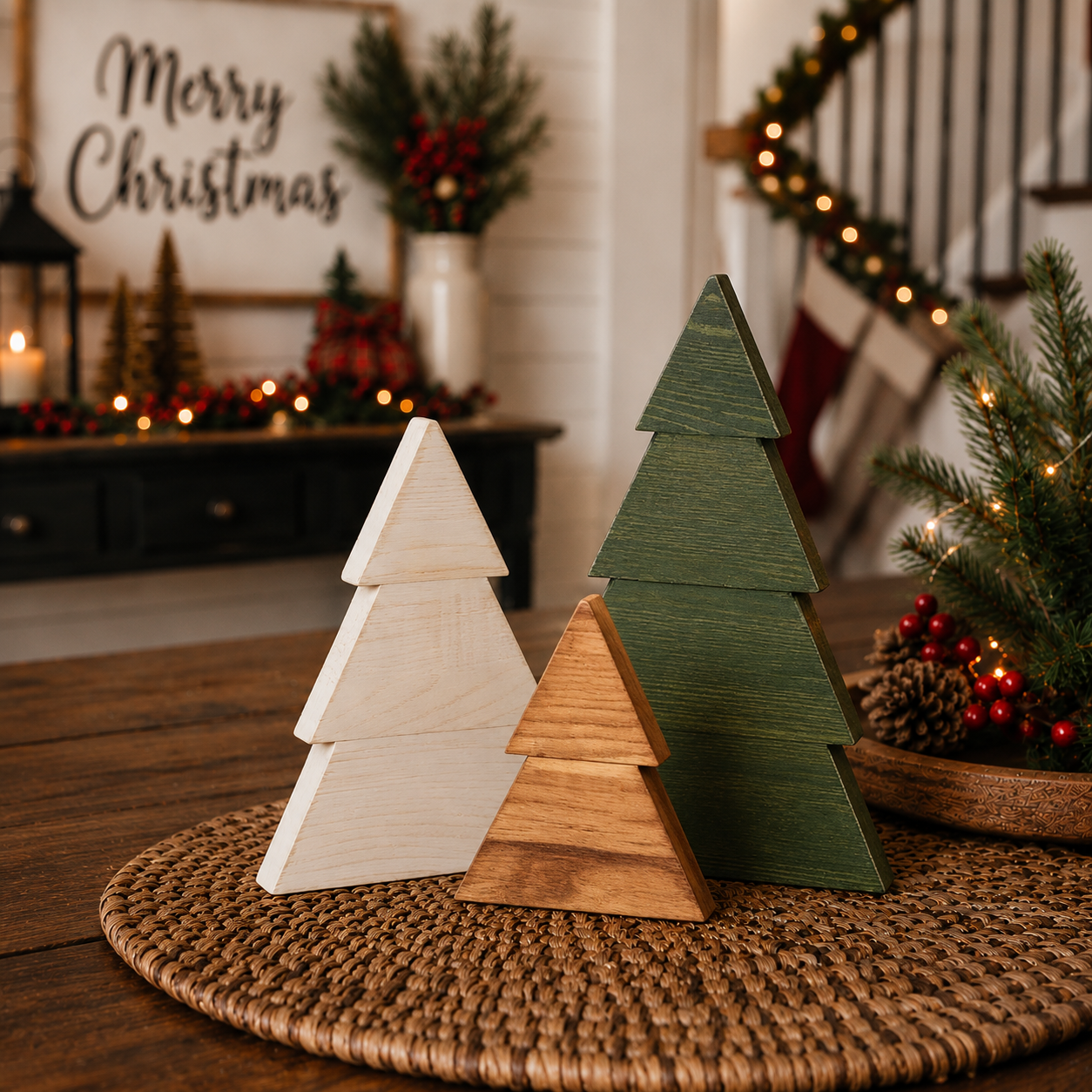 Wooden holiday figurines for a Christmas village display
Christmas tree accents for a rustic holiday centerpiece
Natural wood Christmas décor with hand-painted snow details
Decorative wooden trees for a holiday dining table
Green and white Christmas tree décor for a cozy home
Freestanding wooden tree decorations for seasonal displays
Boxwood trees styled with red berries and evergreen garland
Christmas console table décor with rustic wooden trees