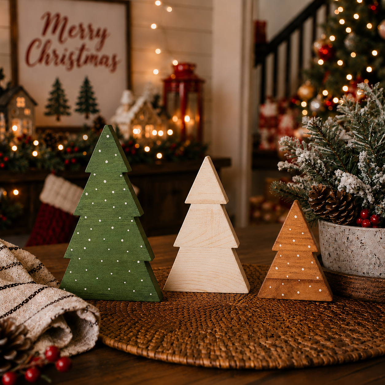 Three graduated-size wooden Christmas trees
Large medium and small wooden holiday tree figurines
Boxwood tree decoration measurements shown in inches
Freestanding wooden trees sized for shelves and tabletops
Compact wooden Christmas trees for small holiday displays
Wooden tree trio with large green medium white and small brown trees
Boxwood Christmas trees in three coordinating heights
Small-space Christmas decorations made from boxwood
Wooden tabletop Christmas trees with sturdy freestanding bases